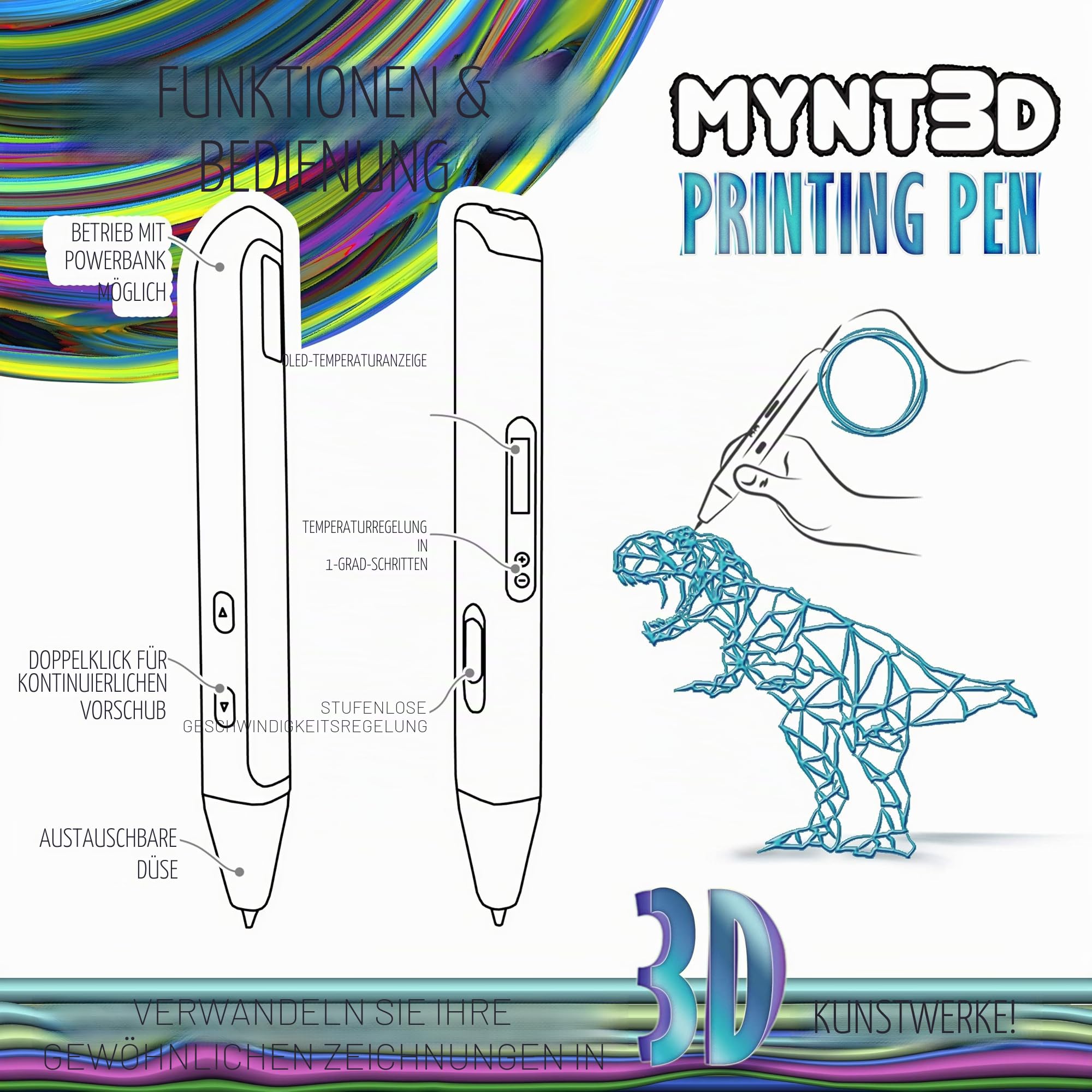 MYNT3D Fachmann Drucken 3D Stift mit OLED Anzeige, Weiß