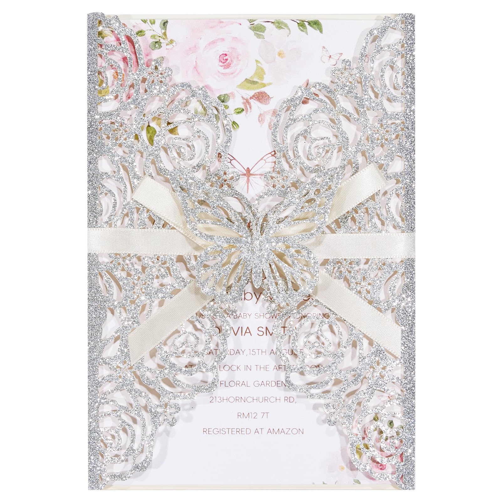 Photo 1 of Silver Glitter Butterfly Laser Cut Wedding Invitation Accessories, Customizable Blank Invitation Cards Invitaciones Para Boda 15 AñOs Personalizados QuinceañEra Invitations Christmas Party 50pcs