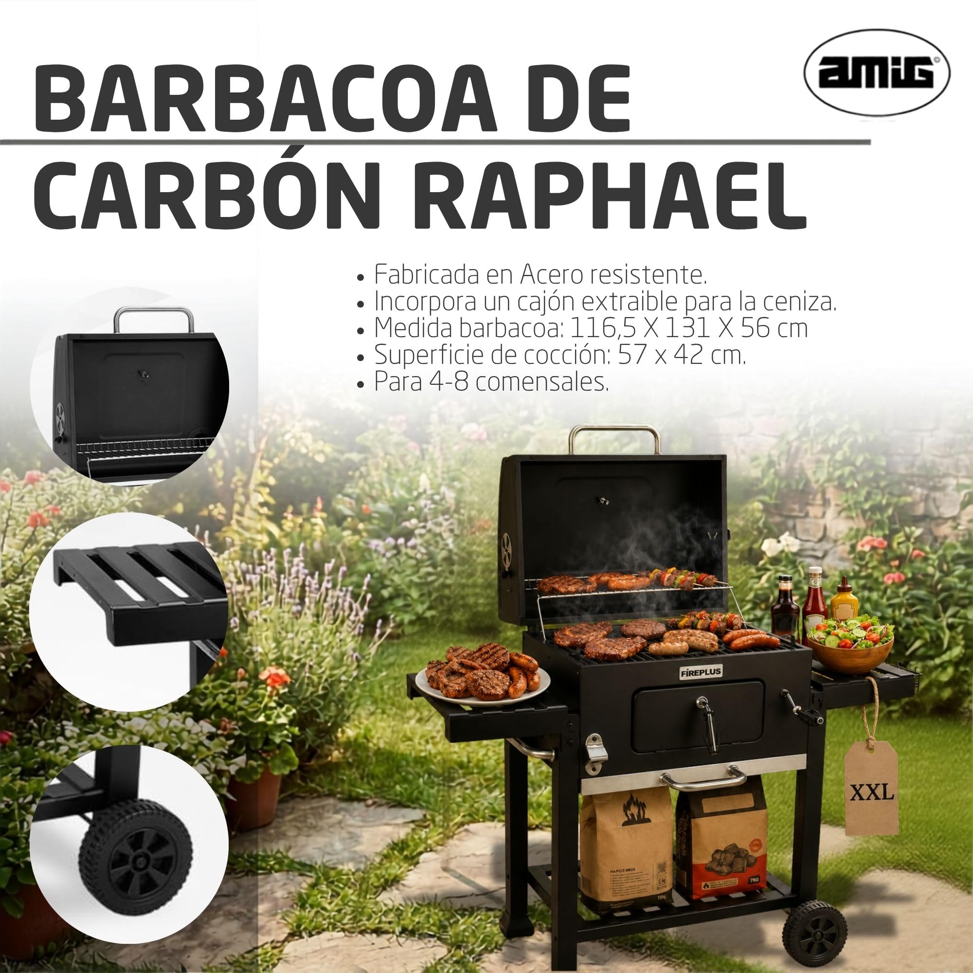 Amig - Barbacoa Fireplus de Carbón XXL - Parrilla de Acero 57x42cm - Con Ruedas y Bandejas Laterales - Asador Transportable Grande - Depósito para Ceniza - 131x116,5x56cm