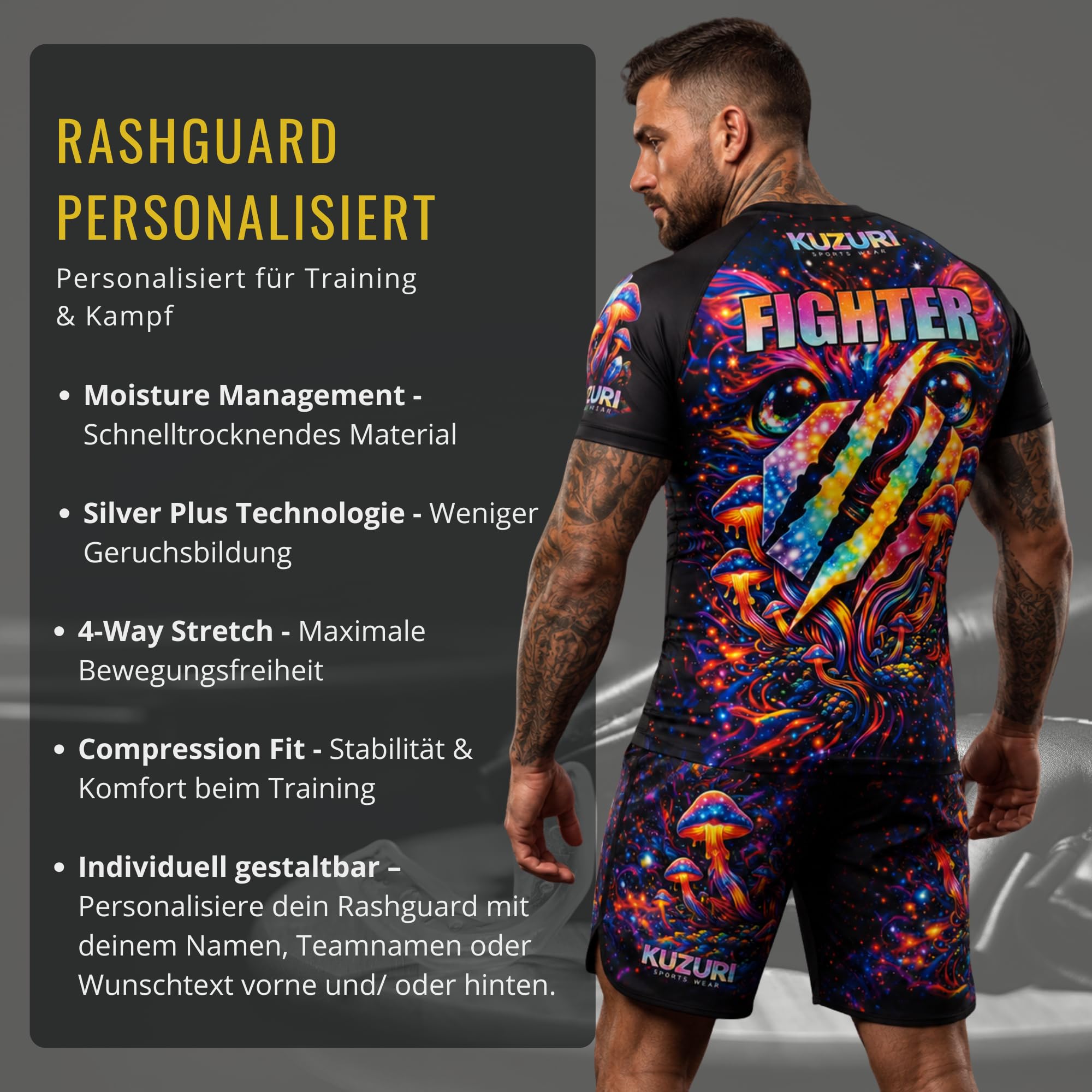 KUZURI Rashguard Herren BJJ Kurzarm – MMA Compression Shirt für No-Gi, Grappling & Kickboxen – Atmungsaktives Psychedelic T-Shirt