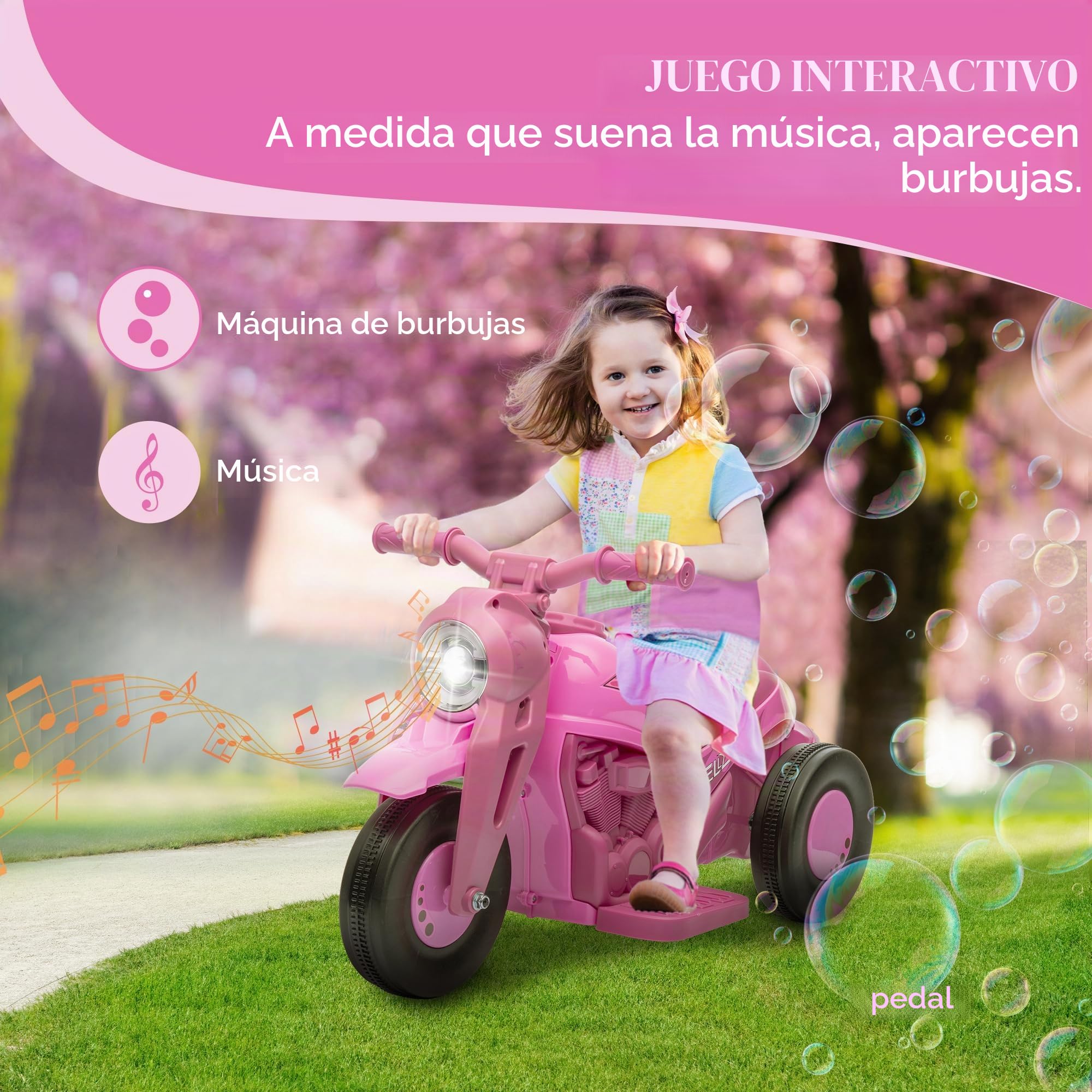 AIYAPLAY Moto Eléctrica Niños 3 Ruedas 6V 3km/h 2-5 Años Rosa | Coche Eléctrico Niños, Efectos Luminosos y Sonidos, Función Burbujas, Carga Máx. 30 kg