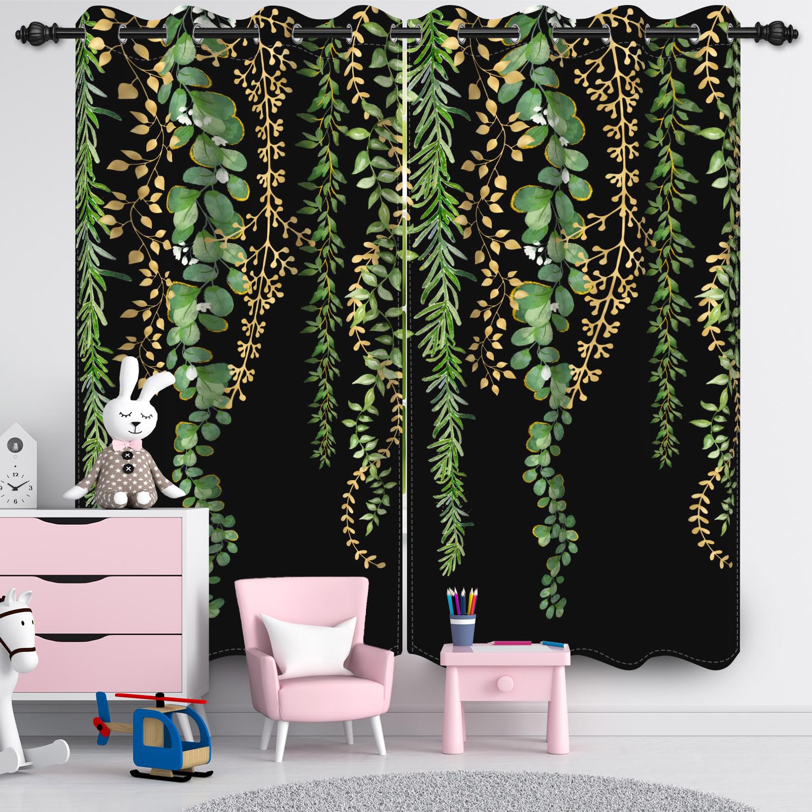 Umpoo Spring Leaves Window Curtains Green and Gold Sage Branches Leaf Botanical Plants Nature Art Printed Living Room Bedroom Decor Window Drapes