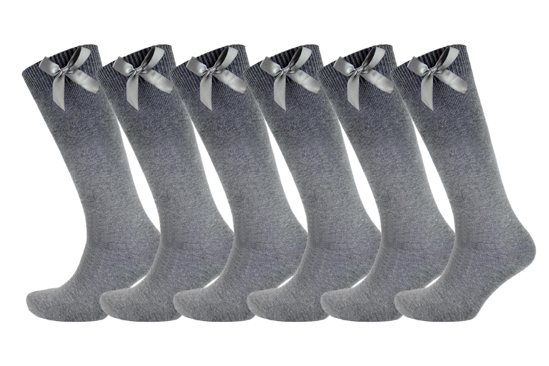 Slumber Hut Girls 6 Pairs Knee High Socks With Ribbon Bow Grey 12-3 (EUR 31-34)
