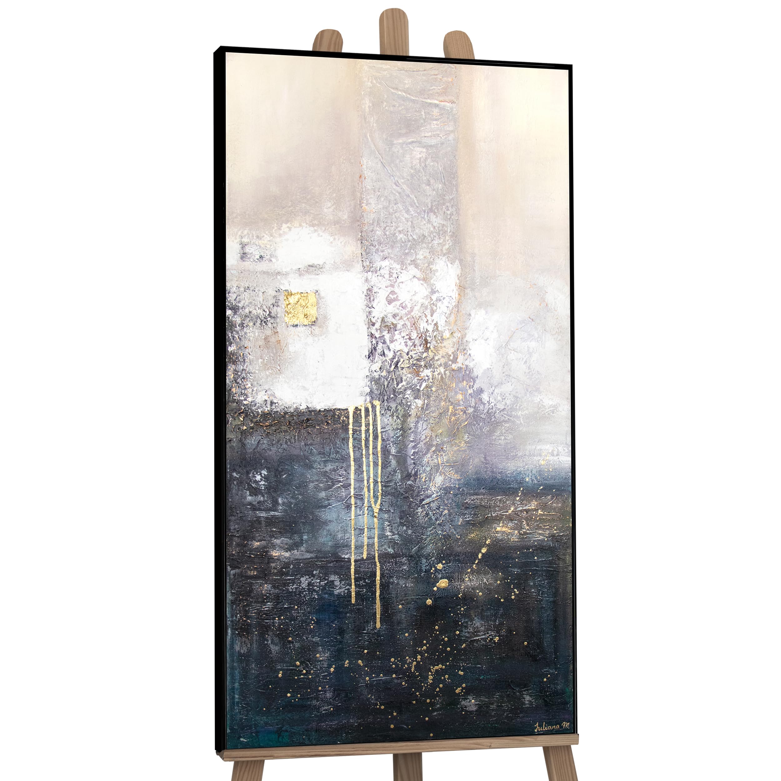 Ys With Black Frame -Art Original Handmade Painting White Gold Abstract, Modern Minimalist Acrylic Artwork On Canvas, Framed Elegant Decor For Bedroom & Living Room 40X20 Inch