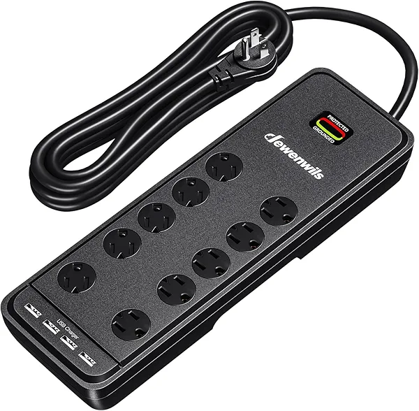 DEWENWILS 10-Outlet Surge Protector Power Strip with 4 USB Ports, 15 FT Long Extension Cord, Right Angle Flat Plug, 2480J Surge Rating 15AMP Circuit Breaker, Wall Mountable, UL Listed