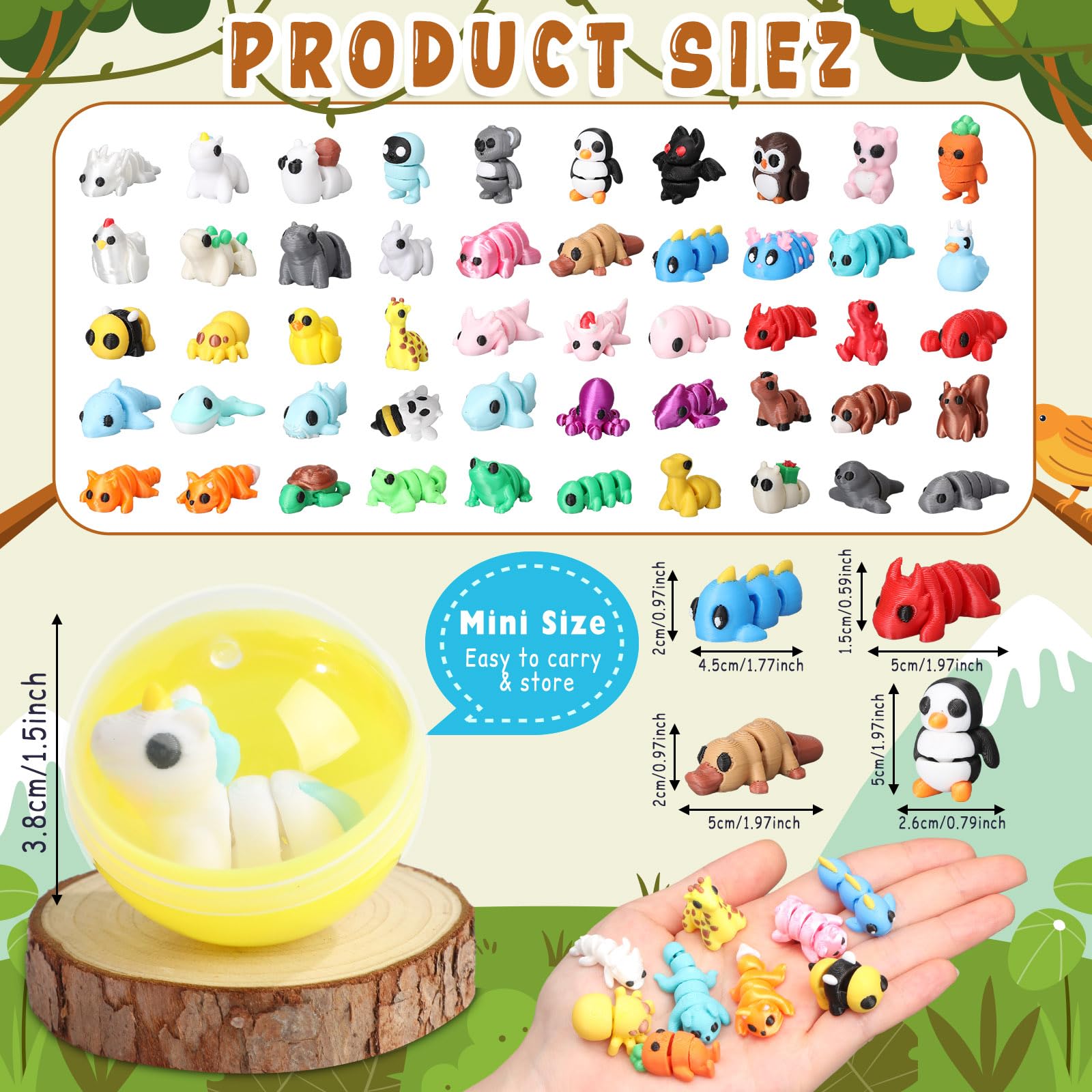 Juego de 50 mini animales impresos en 3D con 50 cápsulas, lindos