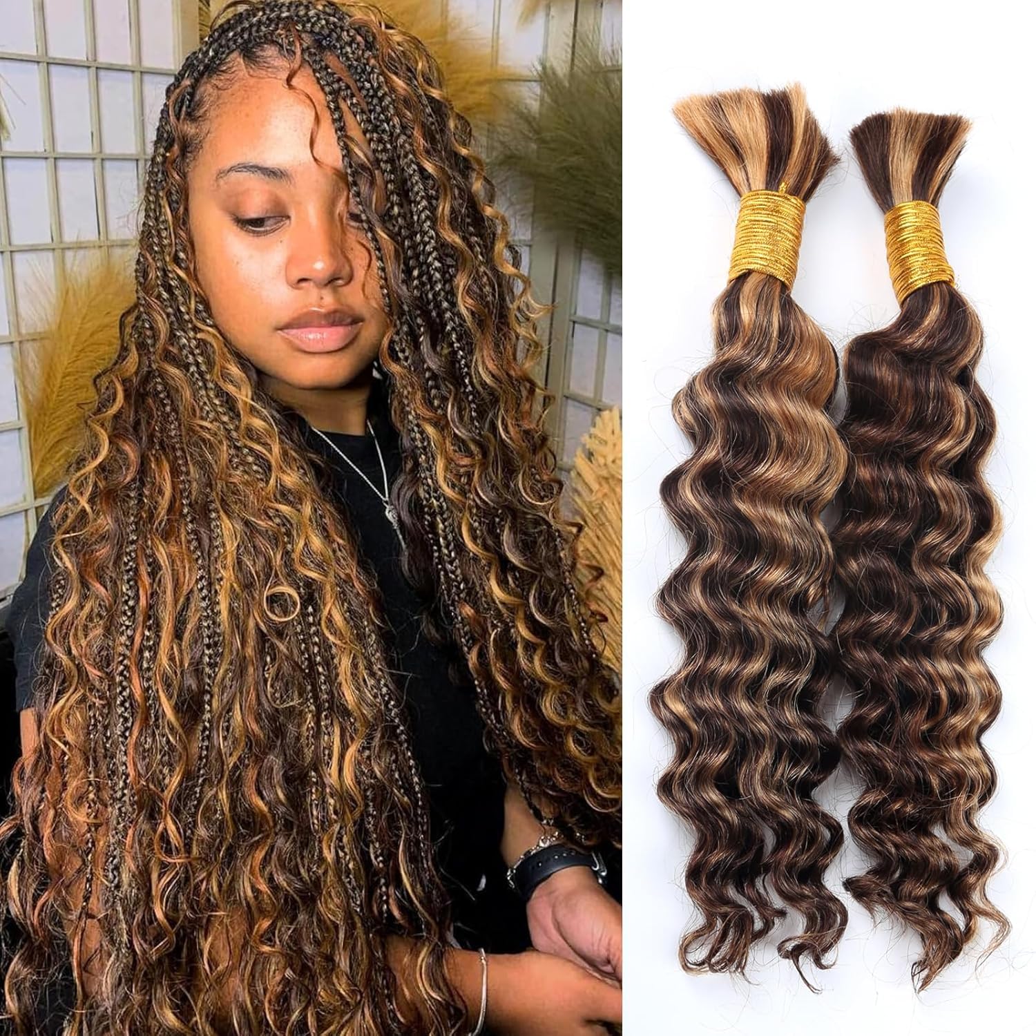 Human Braiding Hair for Boho Braids Highlight Deep Wave Bulk Human Hair for Braiding 22 Inch 2 Bundle 100G P430 Wet and Wavy Curly Ombre Bohemian Hair Extensions No Weft Bundles