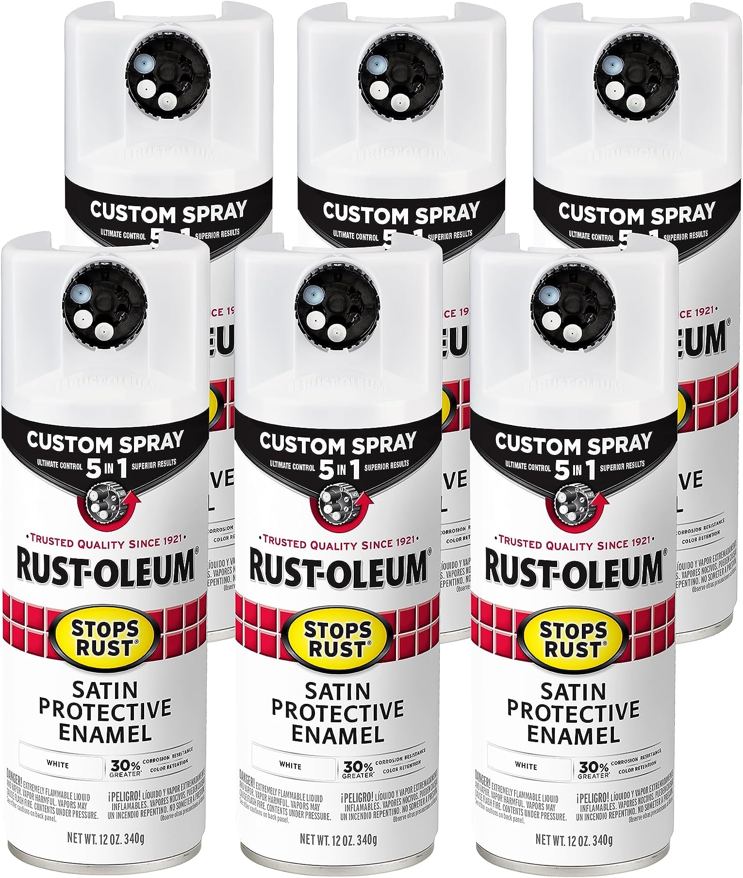 Rust-Oleum 376870-6PK Stops Rust Custom Spray 5-in-1 Spray Paint, 12 oz, Satin White, (Pack of 6)