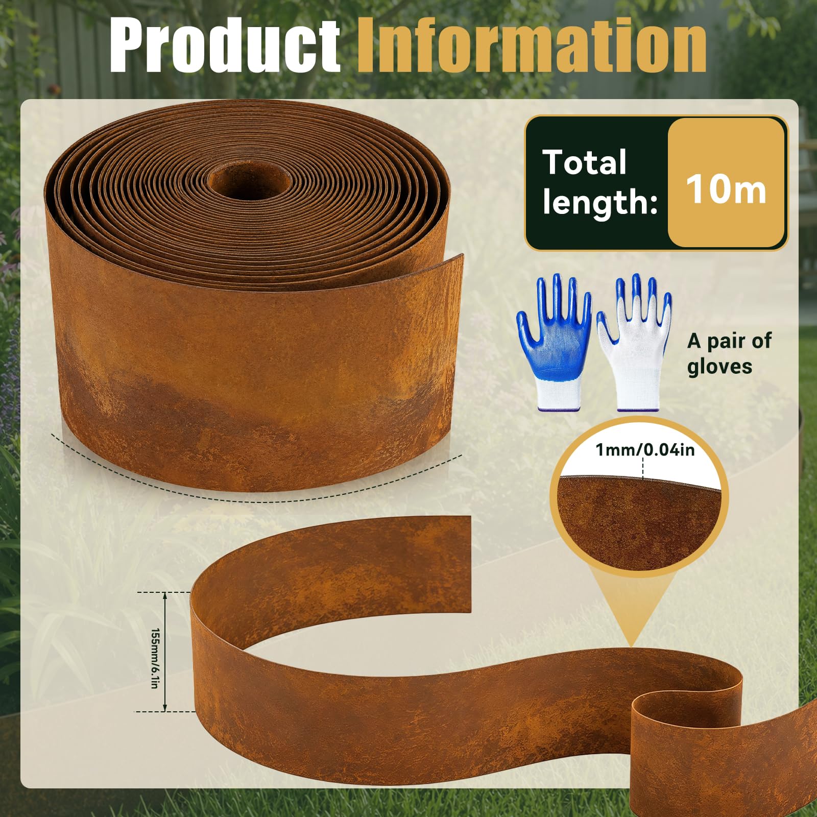 Rasenkante aus Cortenstahl 10M Beeteinfassung Metall 15.5 cm hoch Rost Rasenkanten Mähkante für Garten Dekoration