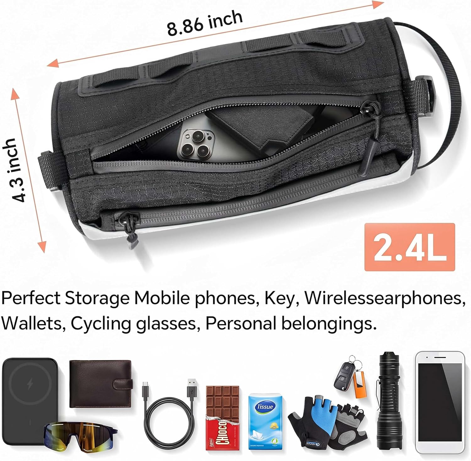 Waterproof Bike Handlebar Bag for E-bike & Bicycle 2.4L Front Storage Bag image 2