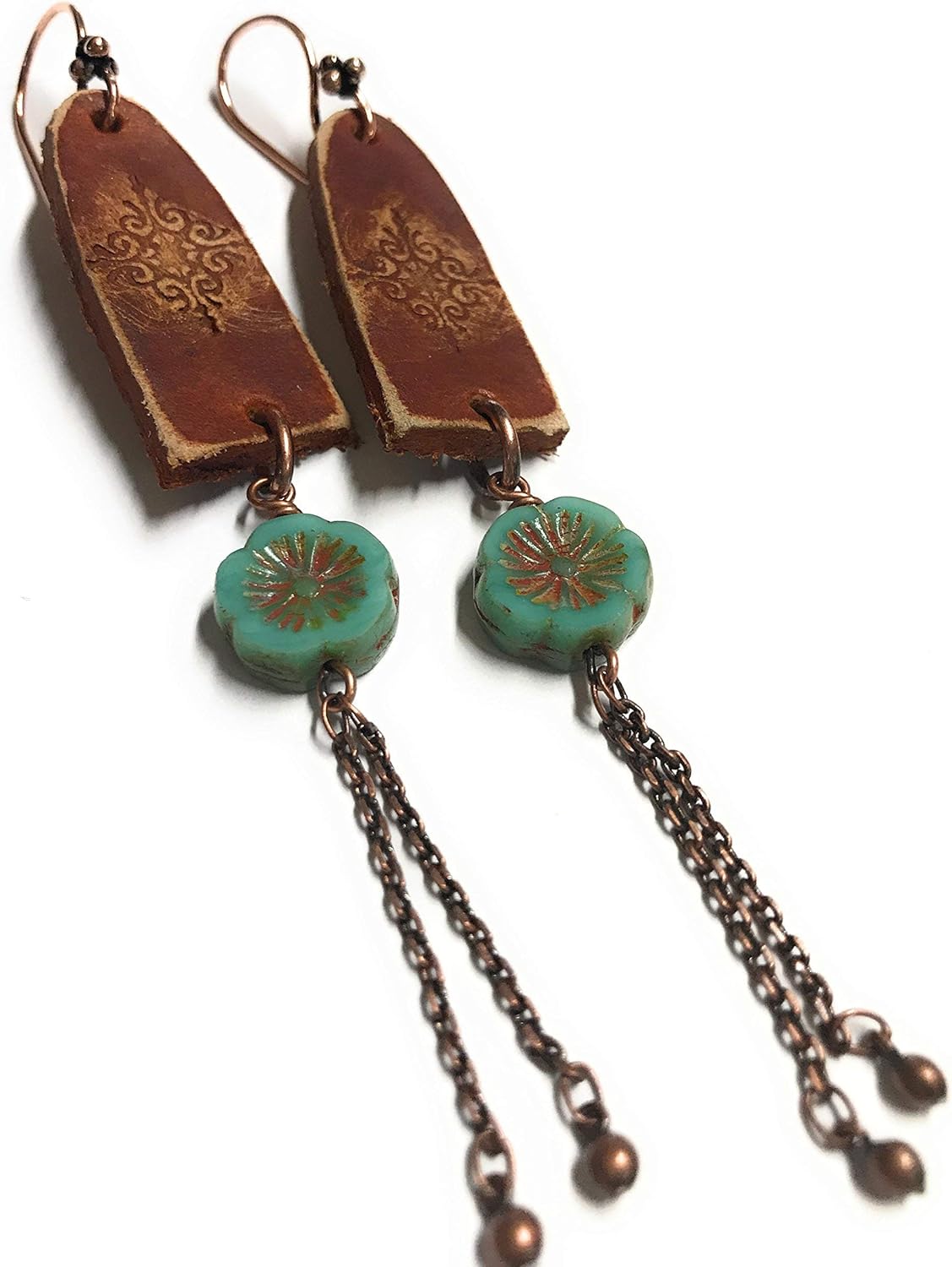 Boho Leather Long Stamped Scroll & Turquoise Flower Copper Earrings Jewelry Gift Ideas for Women GIrls