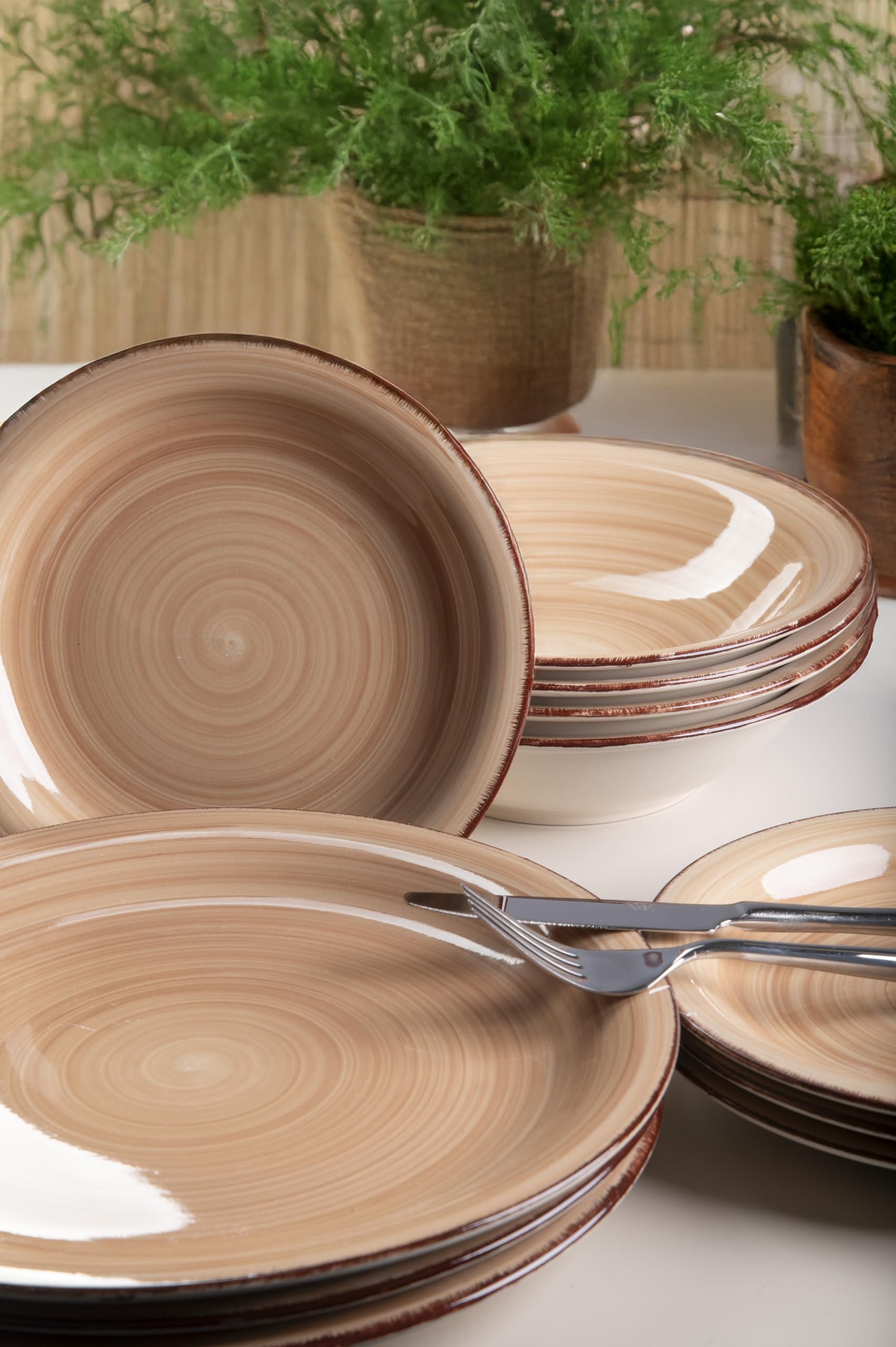 Lot de 6 assiettes creuses Ø 21,2 cm en grès peint à la main, terre cuite, 4 tons