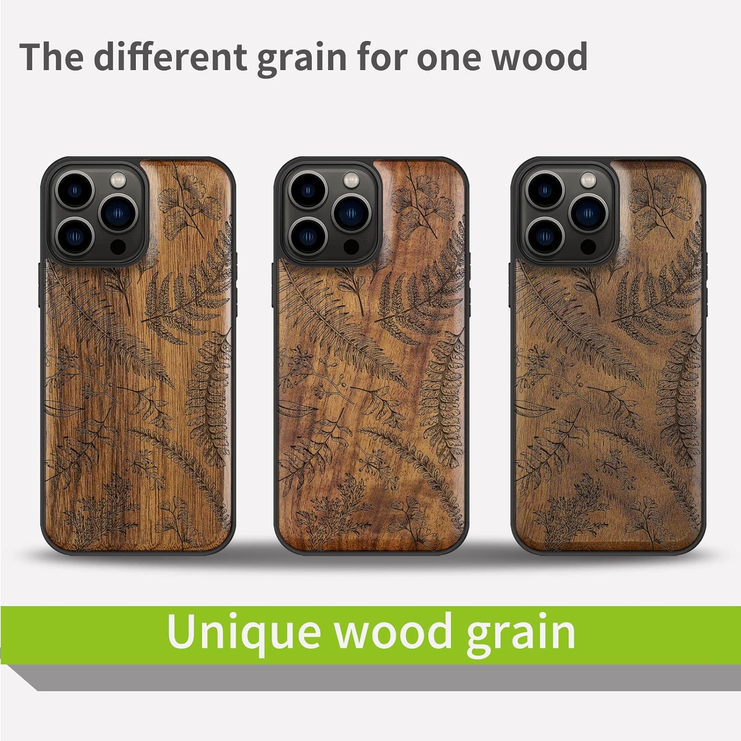 Carveit Magnetic Wood Case for iPhone 13 Pro Max [Hard Real Wood & Black Soft TPU] Unique & Classy Wooden Shockproof Protective Cover Compatible with MagSafe (Fern Leaves & Herbs -Walnut)