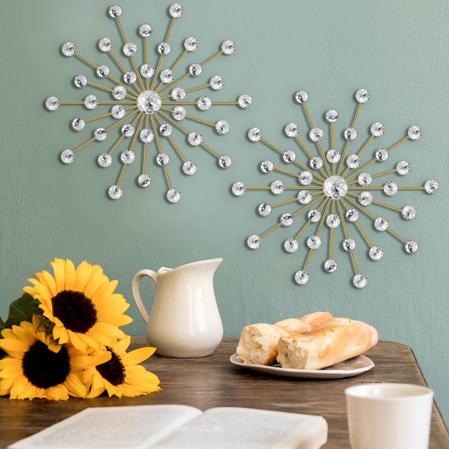 Barydat 6 Pcs Metal Starburst Wall Decor Bling Crystal Wall Art Rhinestone Sunburst Home Decoration No Punch Starburst Hanging Diamond Accents for Living Room Bedroom(25cm,Gold)