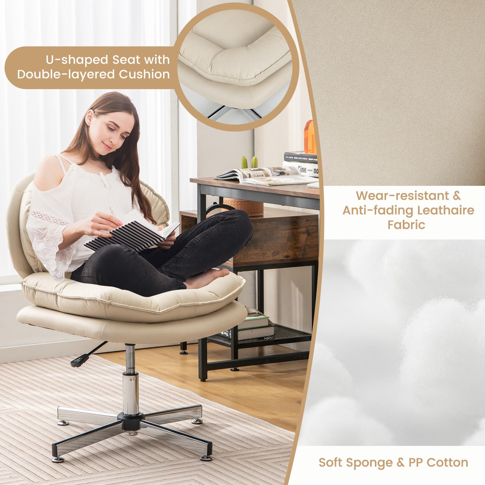 GIANTEX Sedia Da Ufficio Girevole Senza Ruote, Ergonomica In Pelle Beige, Altezza Regolabile, Portata 150 Kg