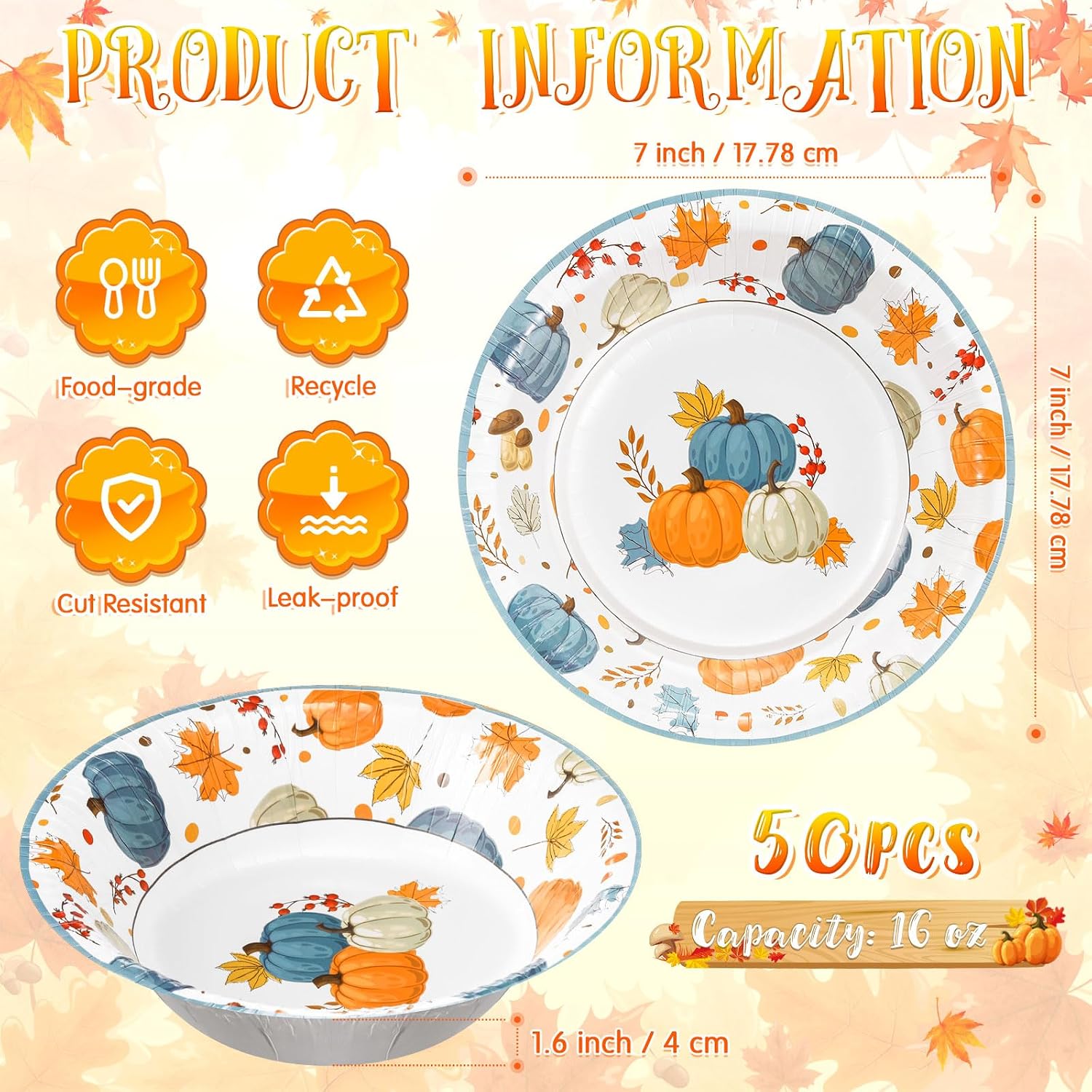 Sliner 50 Pcs 16 oz Thanksgiving Paper Bowl Pumpkin Autumn Maple Leaves Disposable Fall Thanksgiving Soup Bowl for Holiday Party Snack Dessert Salad Milk Cereal Serving Catering Event Supplies