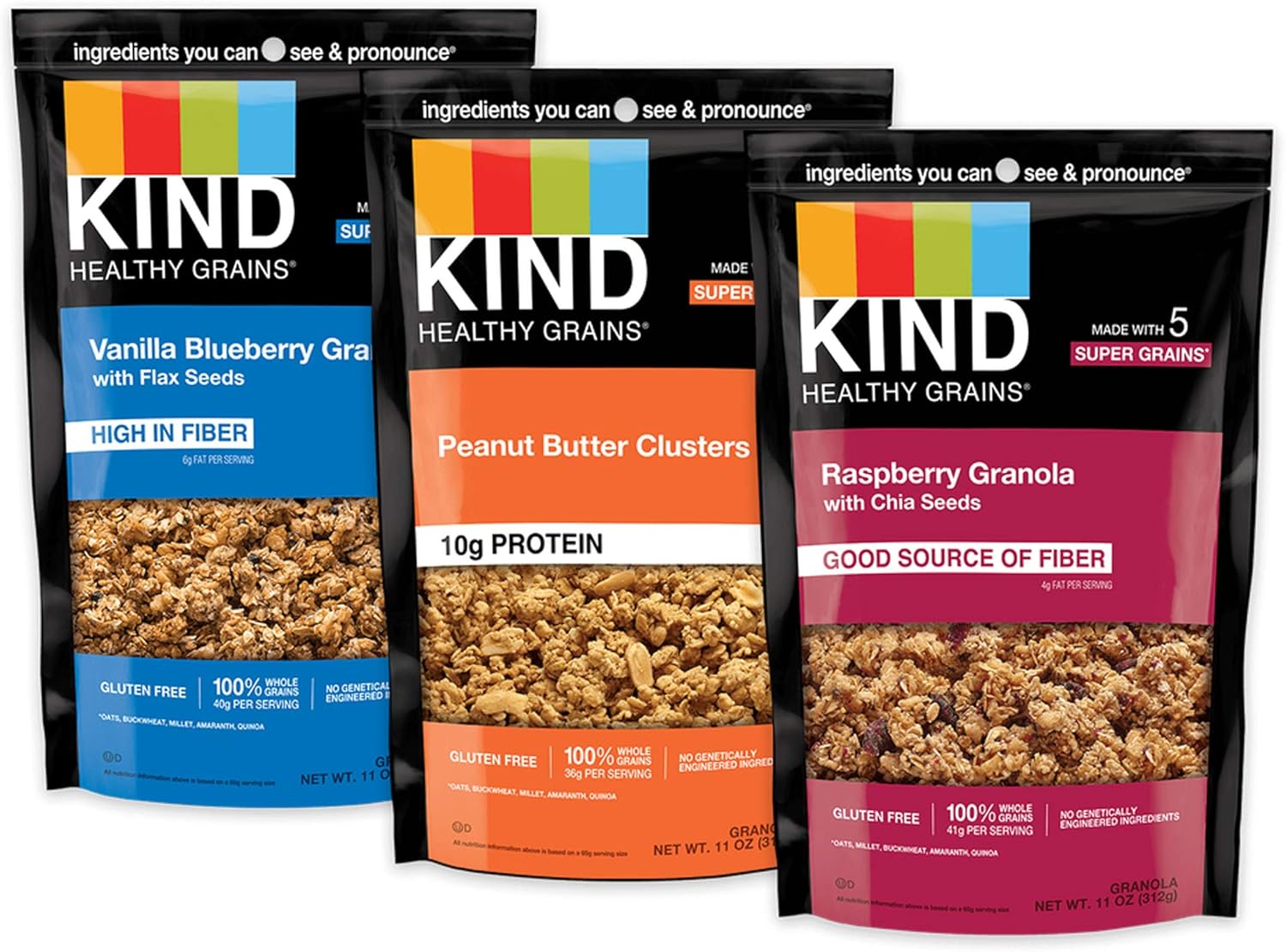 Kind Healthy Grains Clusters- Super Variety Packs 11 Oz (Pack of 3) Peanut Butter,Vanilla Blueberry,Rasberry by BAR