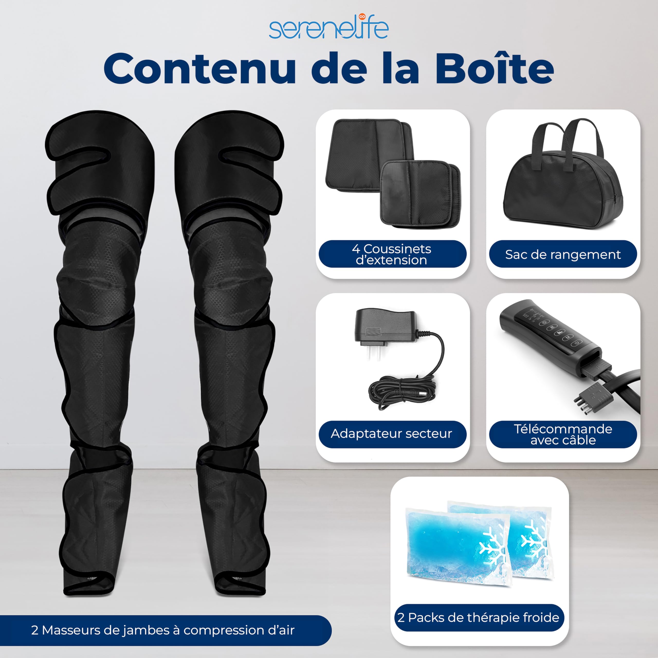 SereneLife Appareil de Massage des Jambes avec Chaleur et Compression d’Air – Massage Mollets, Genoux et Pieds, 6 Modes, 3 Intensités,Vibration, Favorise Circulation Sanguine et Détente Musculaire
