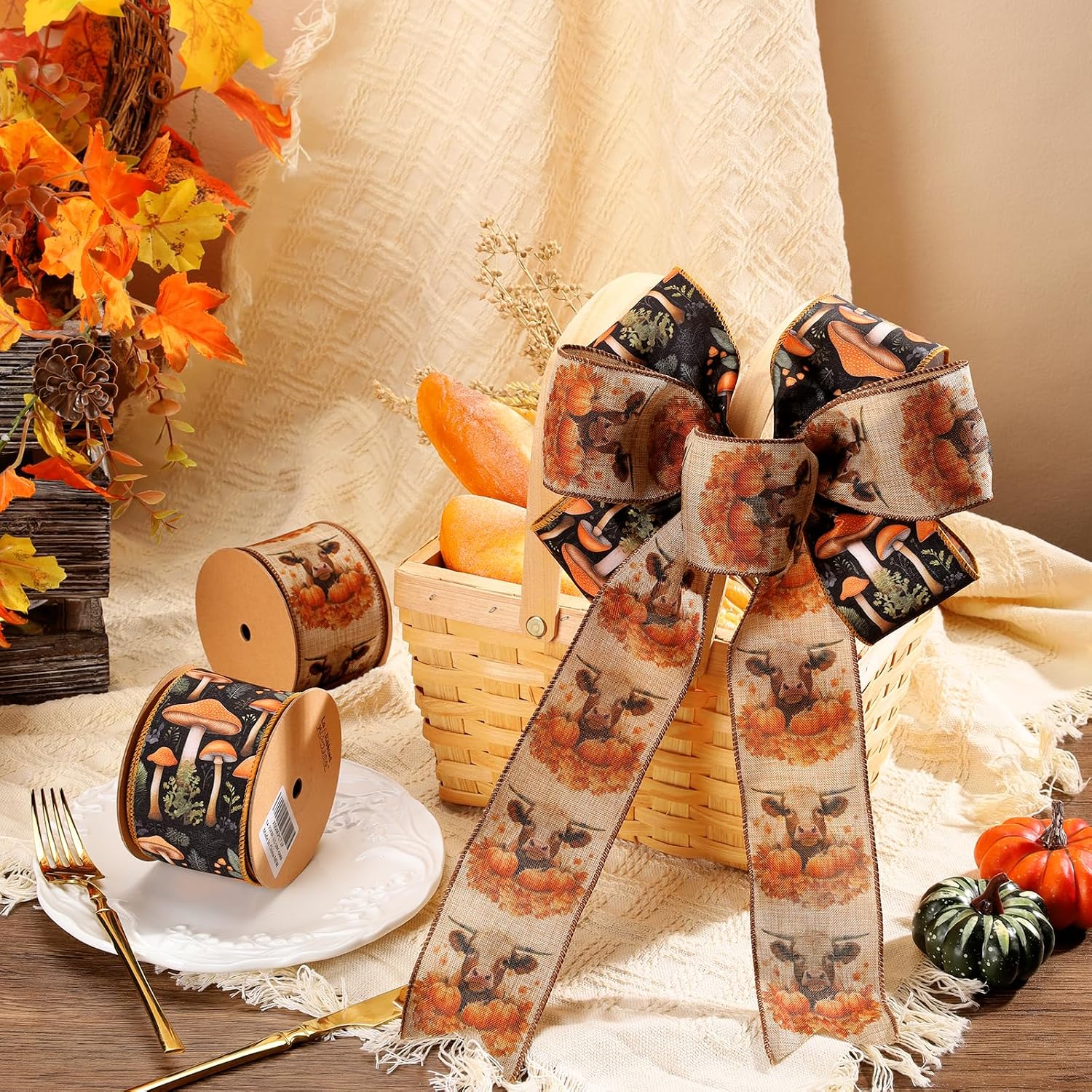 LaRibbons Fall Highland Cow and Pumpkin Ribbon Wired for Wreath, Crafts image 2