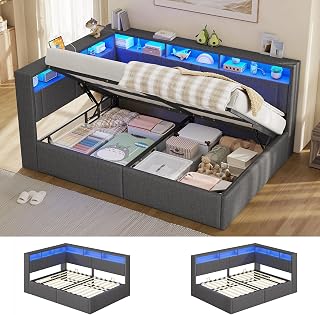 AOGLLATI Polsterbett Schlafsofa 90x200 mit Hydraulis, LED-Beleuchtung & USB | Kinderbett mit 5 Staufächern & Gepolstertem LED-Kopfteil, Tagesbett Jugendbett mit Lattenrost, Dunkelgrau (ohne Matratze)