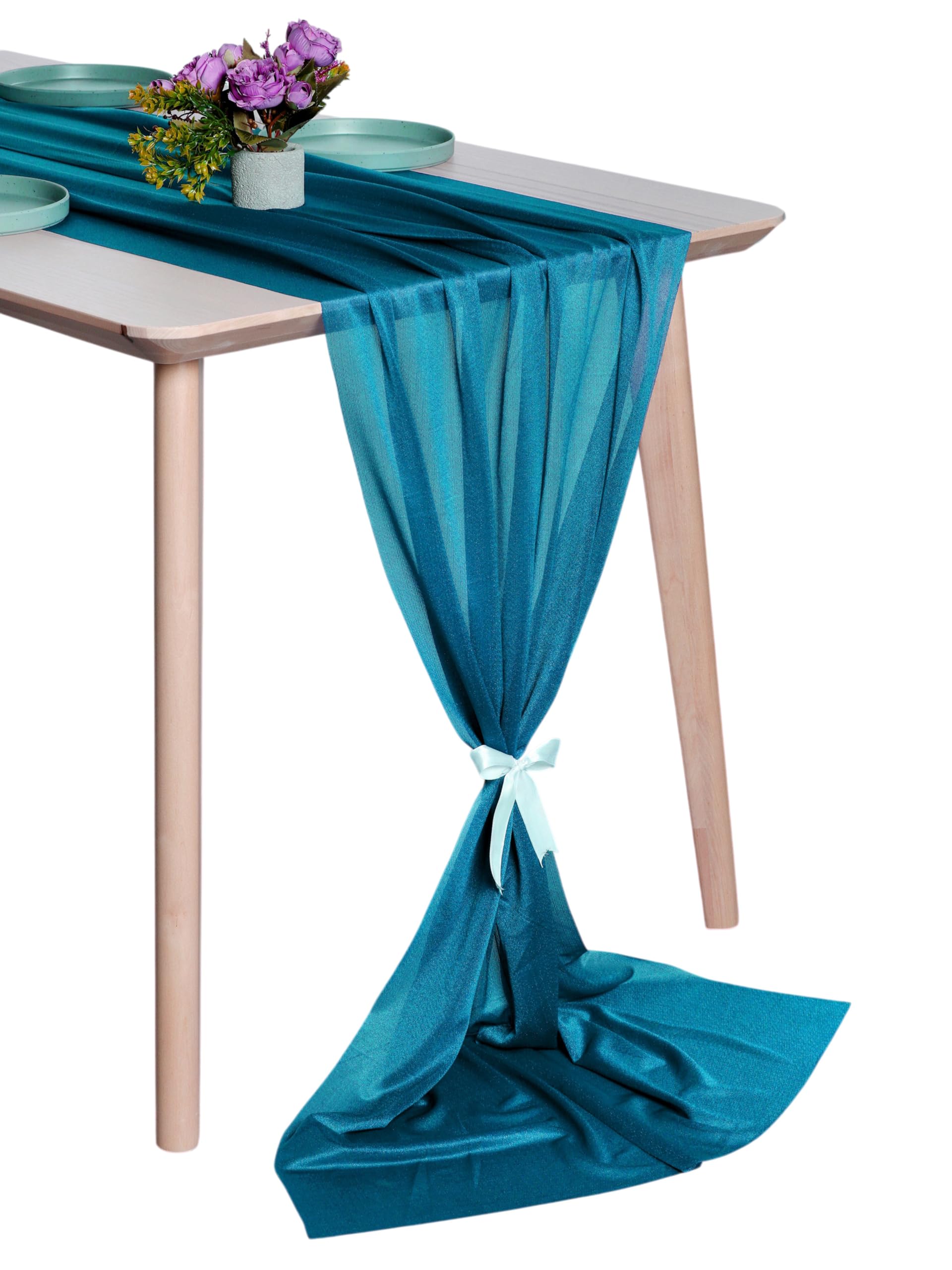 MDS Pack of 5 Chiffon Table Runner 29 x170 Inches Wedding Runner for Wedding Decorations, Birthday Parties, Engagements, Sheer Bridal Shower for 14Ft Table Runners - Dark Teal