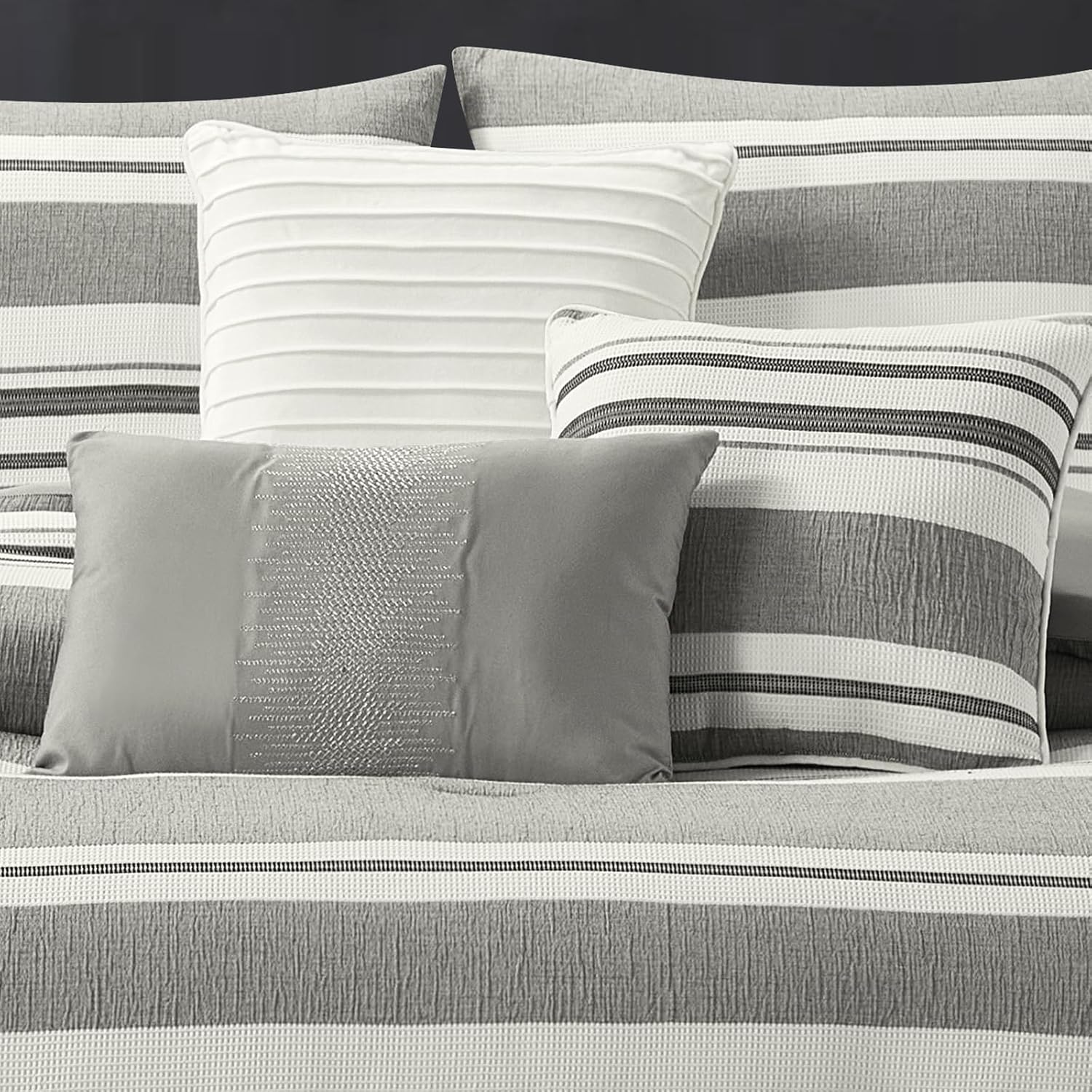 LANCO MODERN LIFESTYLE 7 Piece Queen Size Comforter Set, White Grey, Striped Jacquard Design, Soft and Cozy for All Seasons, Bed in a Bag with Comforter, Pillow Shams, Decorative Pillows and Bedskirt