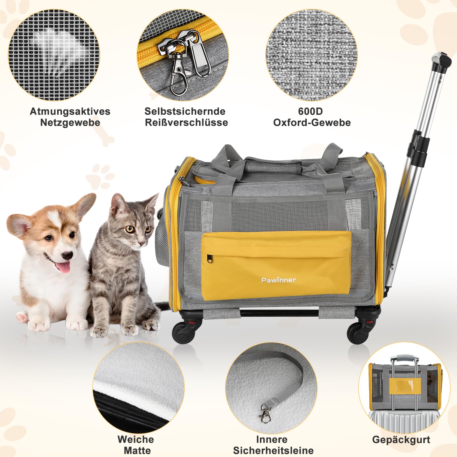 Trasportino per cani con ruote, 45 x 33 x 33 cm, con trolley per auto e aereo, pieghevole, traspirante, portatile, per cani e gatti fino a 9 kg