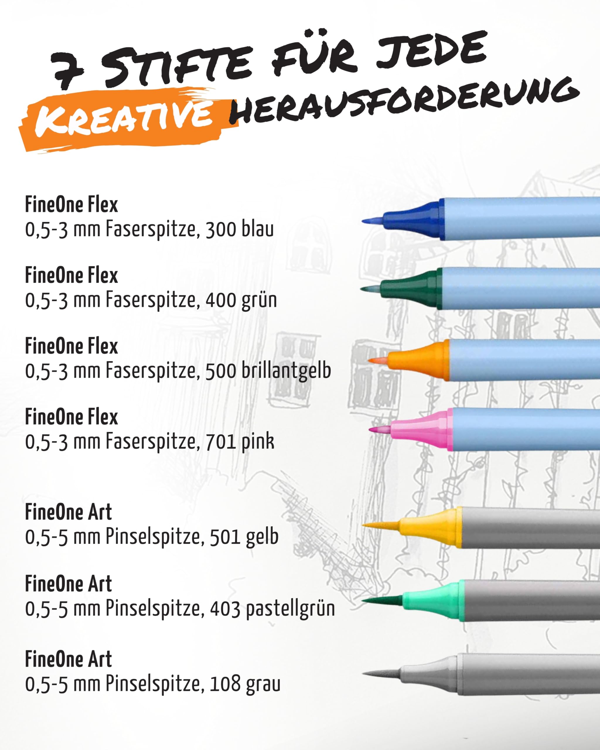 Neuland Creative Sketch Set I 3x FineOne Art 0,5-5 mm & 4x FineOne Flex 0,5-3 mm Marker I Inkl. mySketchbook Notizbuch in Schwarz & Baumwoll-Mäppchen I Ergonomische & nachfüllbare Flipchartmarker