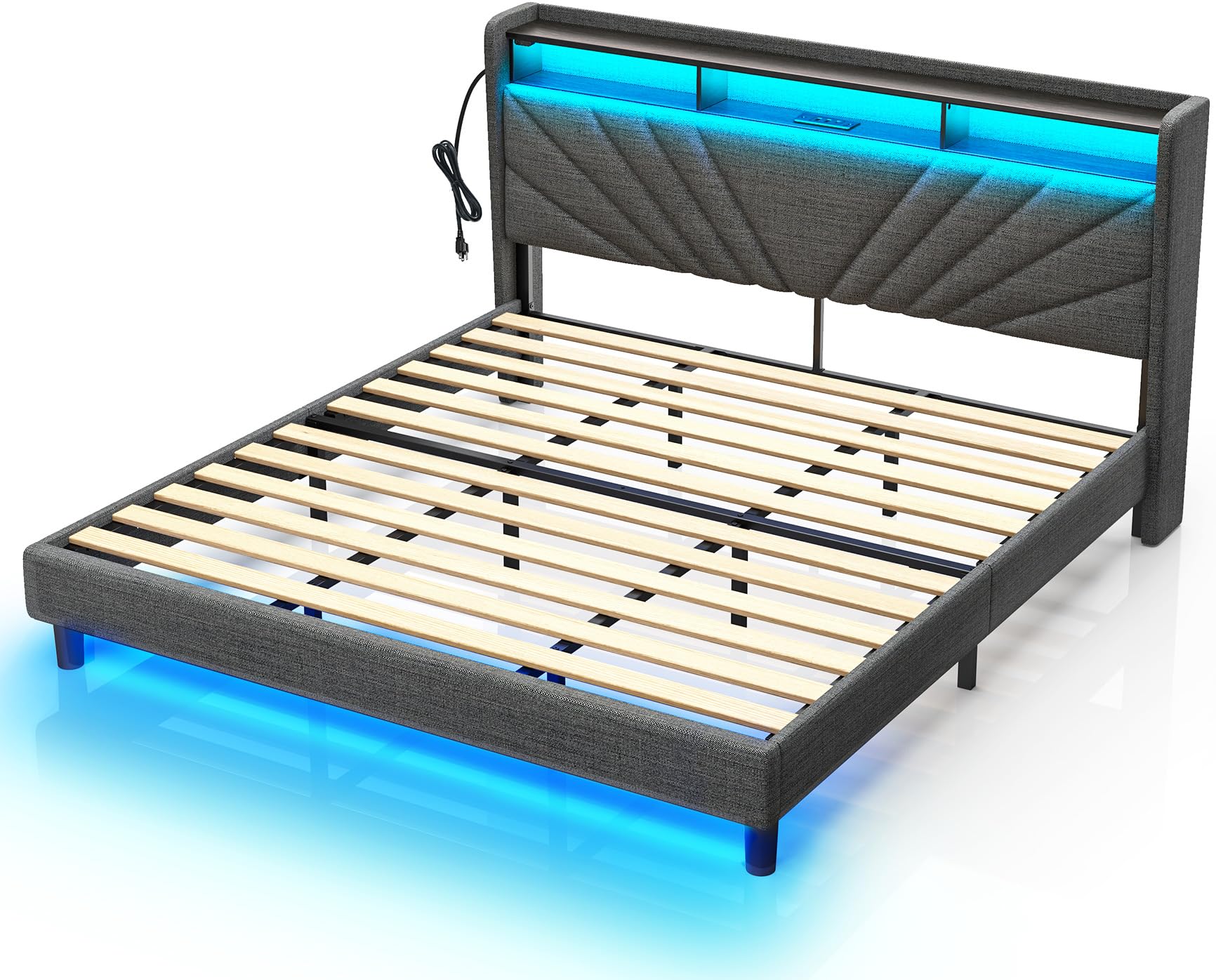 rolanstar king size bed frame, storage headboard with charging station and led lights, upholstered bed with heavy duty wood slats, no box spring needed, noise free, easy assembly, dark grey