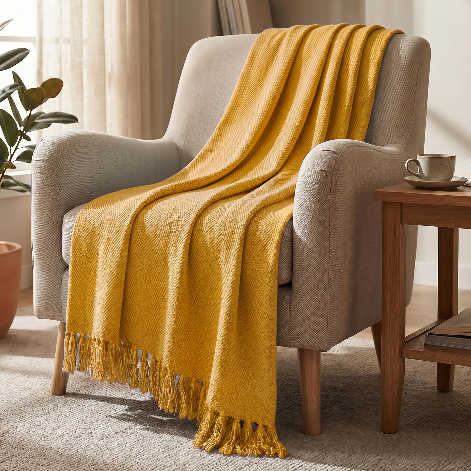 hokipo amber yellow all season cotton sofa throw 50x60 inches, soft decorative living room sofa throw blanket with tassels, 'blush haven' series (in-1134-ylw)