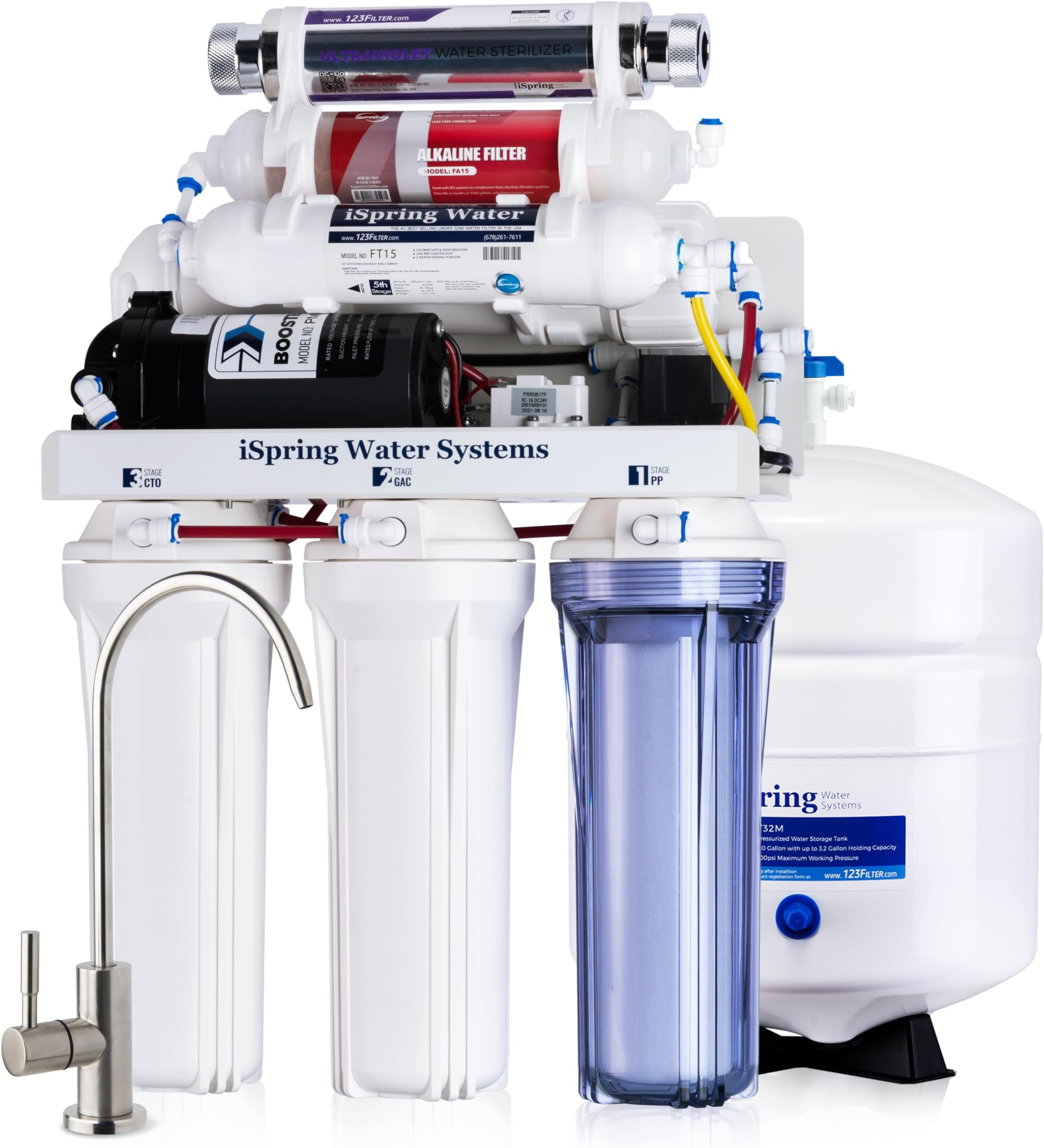 RCC1UP-AK 100GPD Under Sink 7-Stage Reverse Osmosis RO Drinking Filtration System and Water Filter for Sink with Alkaline Remineralization, Booster Pump and UV Ultraviolet Filter, White