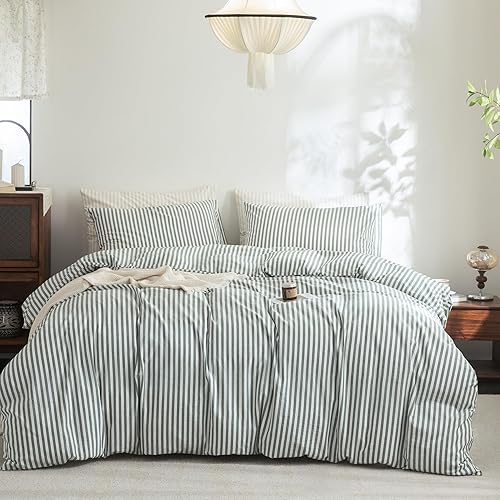 Miniatura 45 de FOSSA Juego de funda de edredón 100% algodón lavado, tacto súper suave, transpirable, acogedor, 3 piezas, juego de ropa de cama, color gris almendra