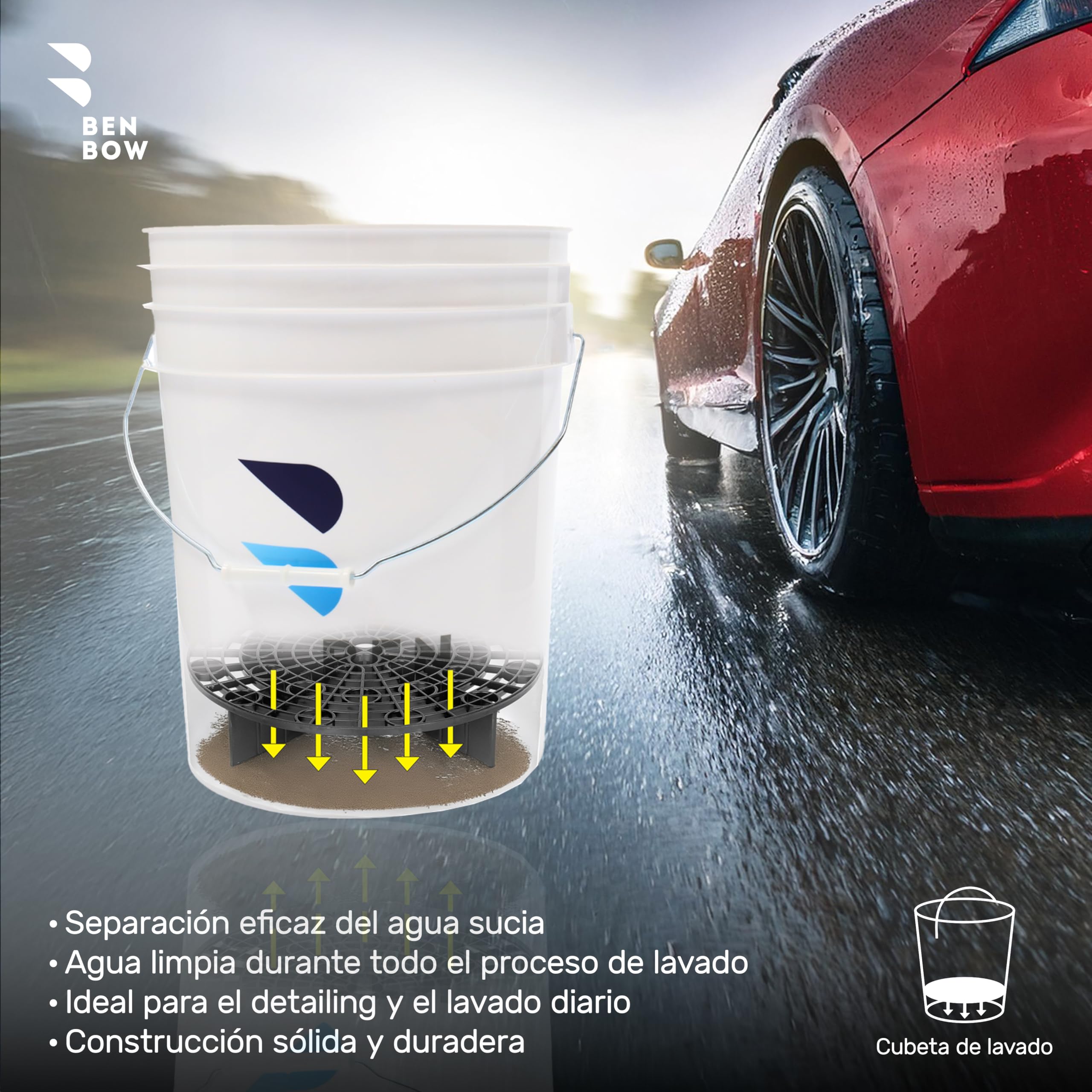 BenBow Juego Profesional: Cubo de Lavado con Tapa y colador de Suciedad – 20 litros Blanco – Duradero y versátil Lavado de Coches – Lavado – hogar – Oficina Limpieza