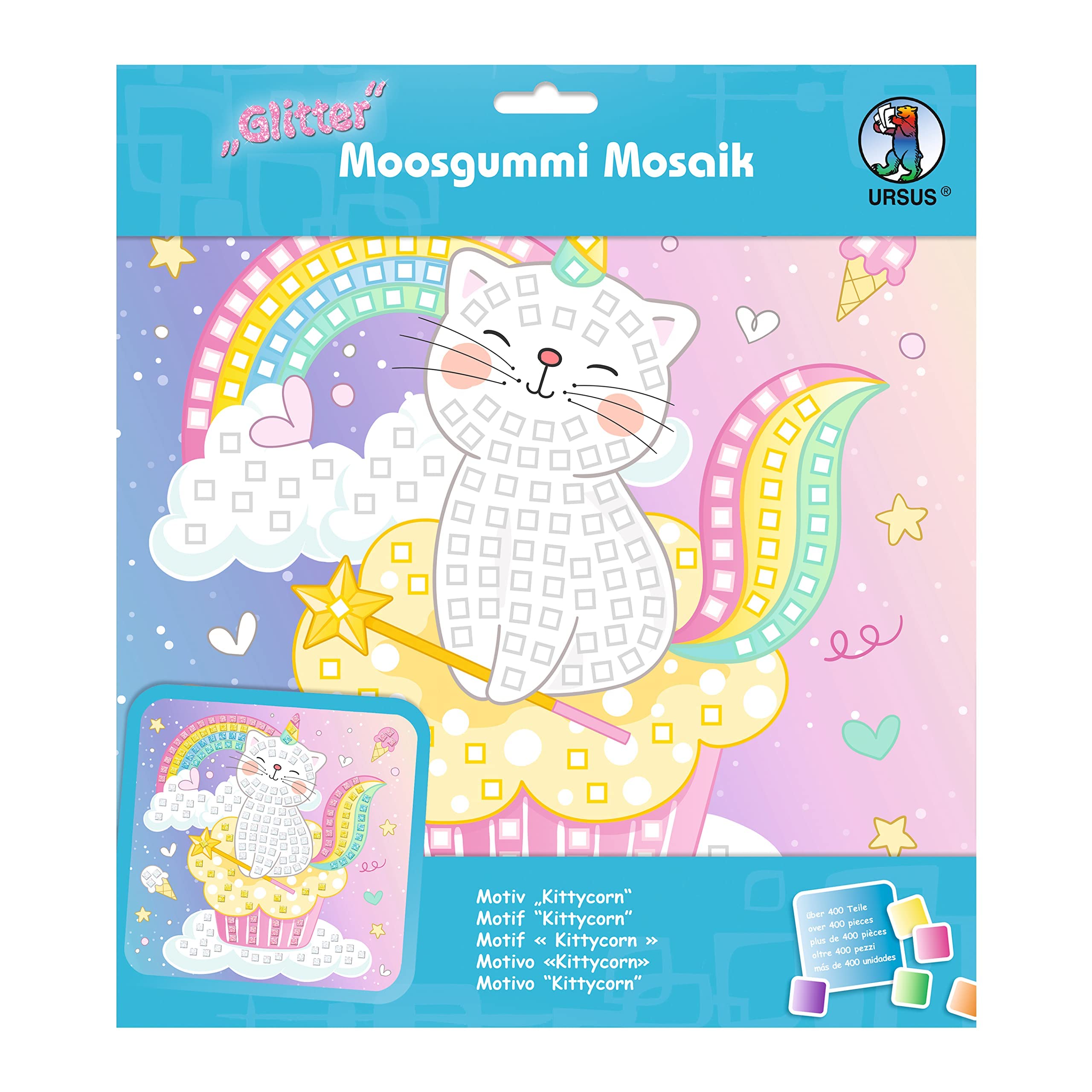 Ursus 8420018 Glitter Foam Rubber Mosaic Picture Kittycorn, Craft Set for Adhesive Image Made of Foam Rubber Stickers, Approx. 25 x 25 cm with Stand