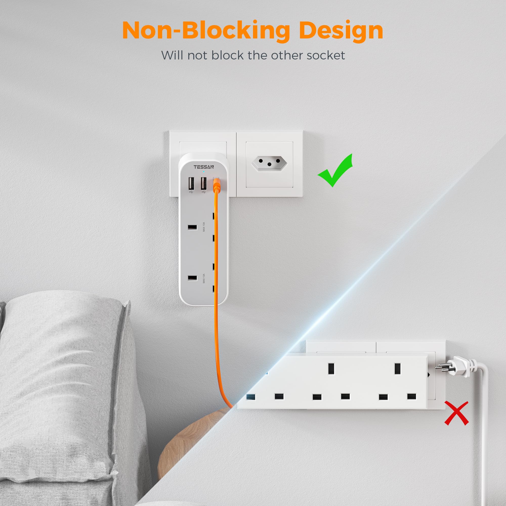 UK to Switzerland Plug Adapter, TESSAN Swiss Plug Adapter with 3 USB Ports (1 USB C), 2 Way Grounded Type J Travel Adaptor for Jordan, Liechtenstein, Madagascar, Rwanda — view 5
