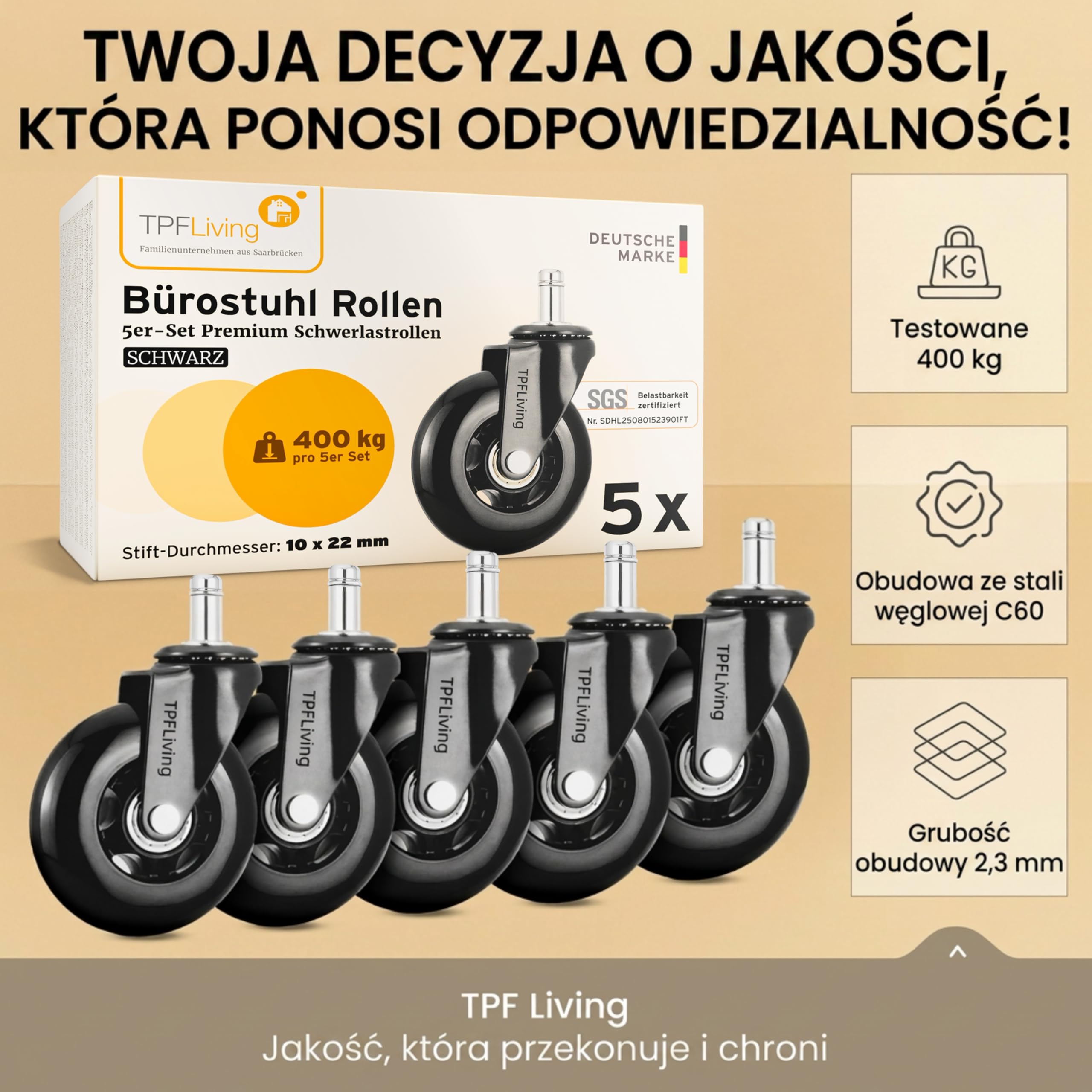 Kółka zamienne do krzesła biurowego, do parkietu, dywanu, twardej podłogi 10x22 mm kompatybilne z IKEA czarne – maks. obciążenie 400 kg – Invictus ProGlide zestaw 5 kółek