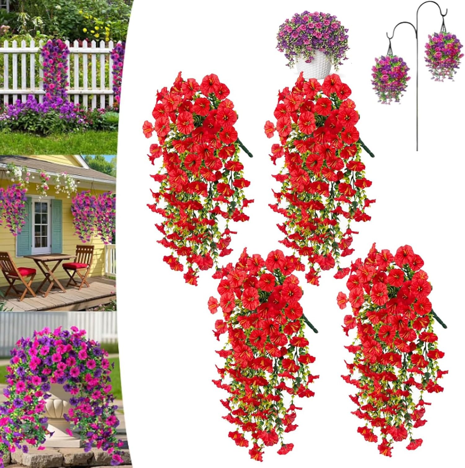 DAO-UPPSE Fade-Resistant Hanging Artificial Silk Morning Glory Vine, With Eucalyptus Leaves For Outdoor Porch Decor(Rot)