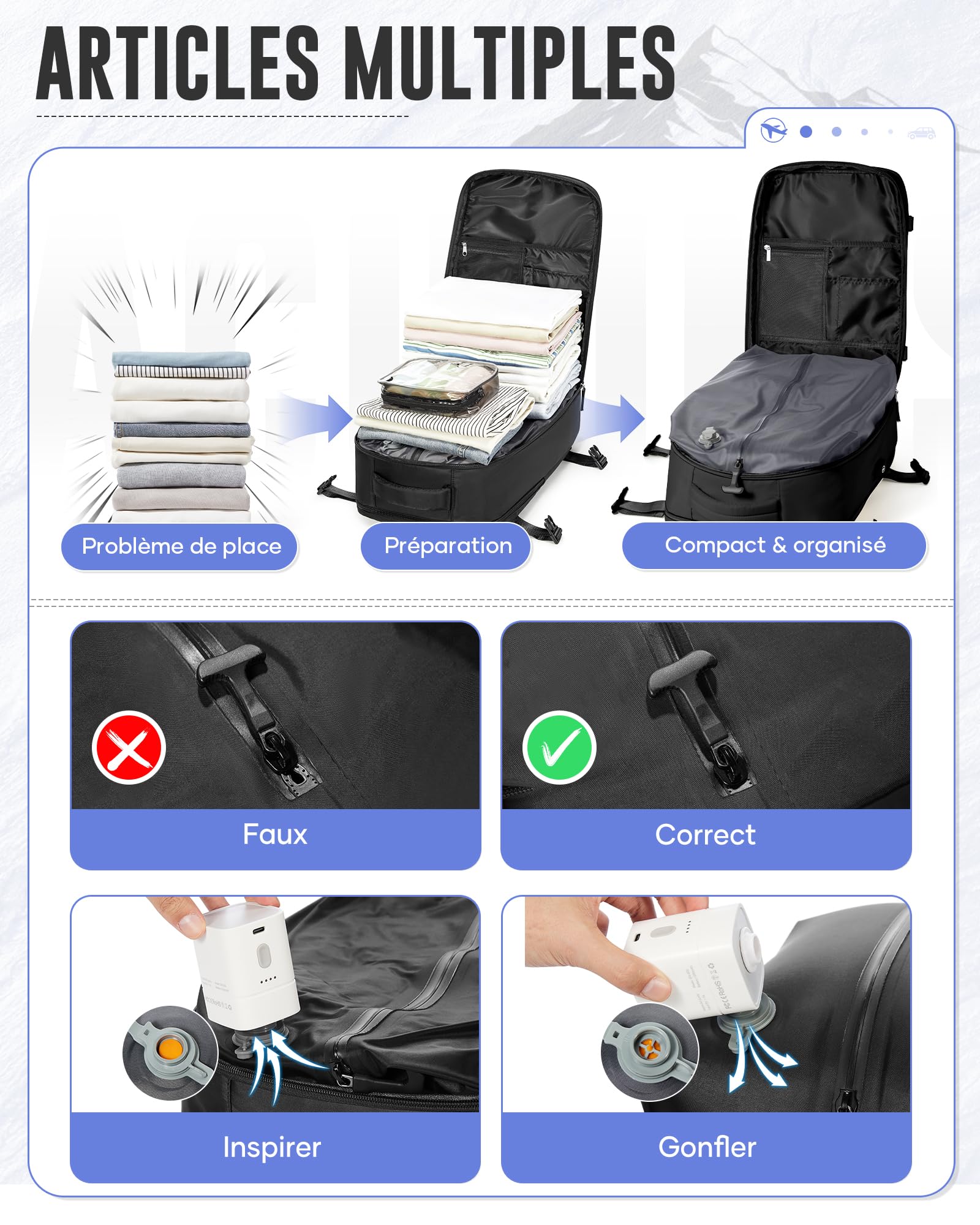Sac a Dos Sous Vide Voyage Avec Pompe Sac Airbag Travel Sac a Dos Voyage Cabine Avion 40x30x20 Easyjet Imperméable Vacuum Backpack Homme Femme Port USB Avec Compartiment à Chaussures(Noir)