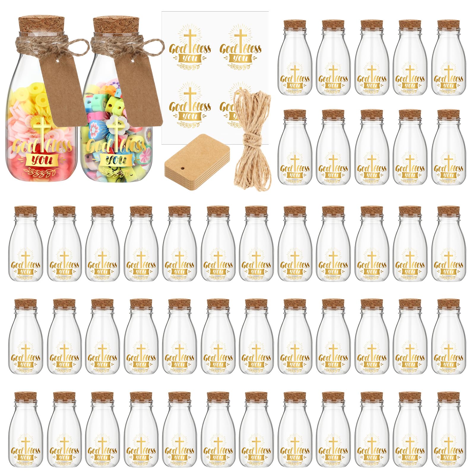 Roshtia 48 Set 4oz Plastic Holy Water Bottles Catholic with Corks Baptism Clear Jars with Gold Cross Sticker Empty Holy Container for Religious Church Wedding Party Favors Gift