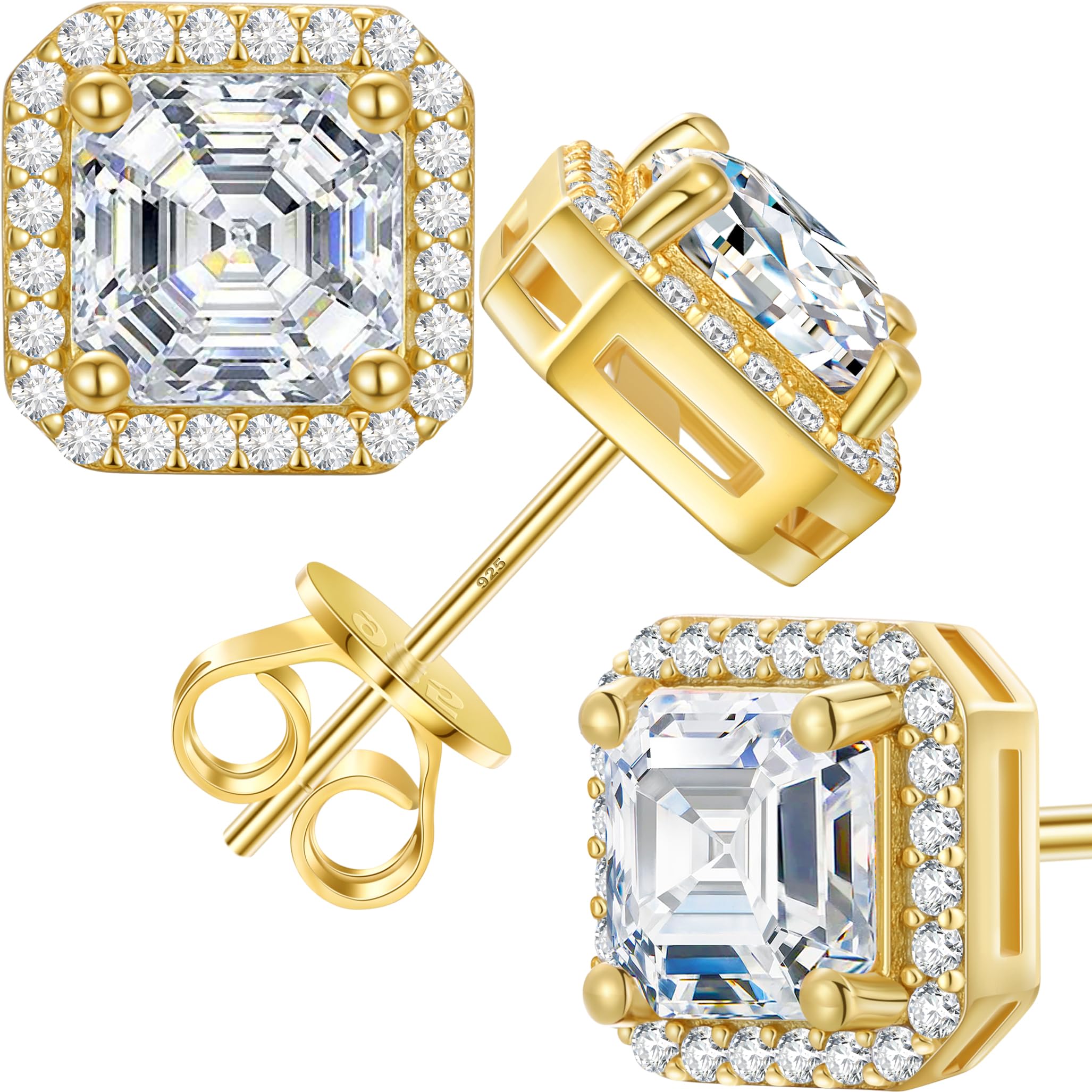 Moissanite Halo Earrings 18k Gold Plated Diamond Stud Earrings For Women Men Square Moissanite Stud Earrings 925 Sterling Silver Hypoallergenic Earrings for Women Men D Color VVS1 Clarity 0.2-1 CT