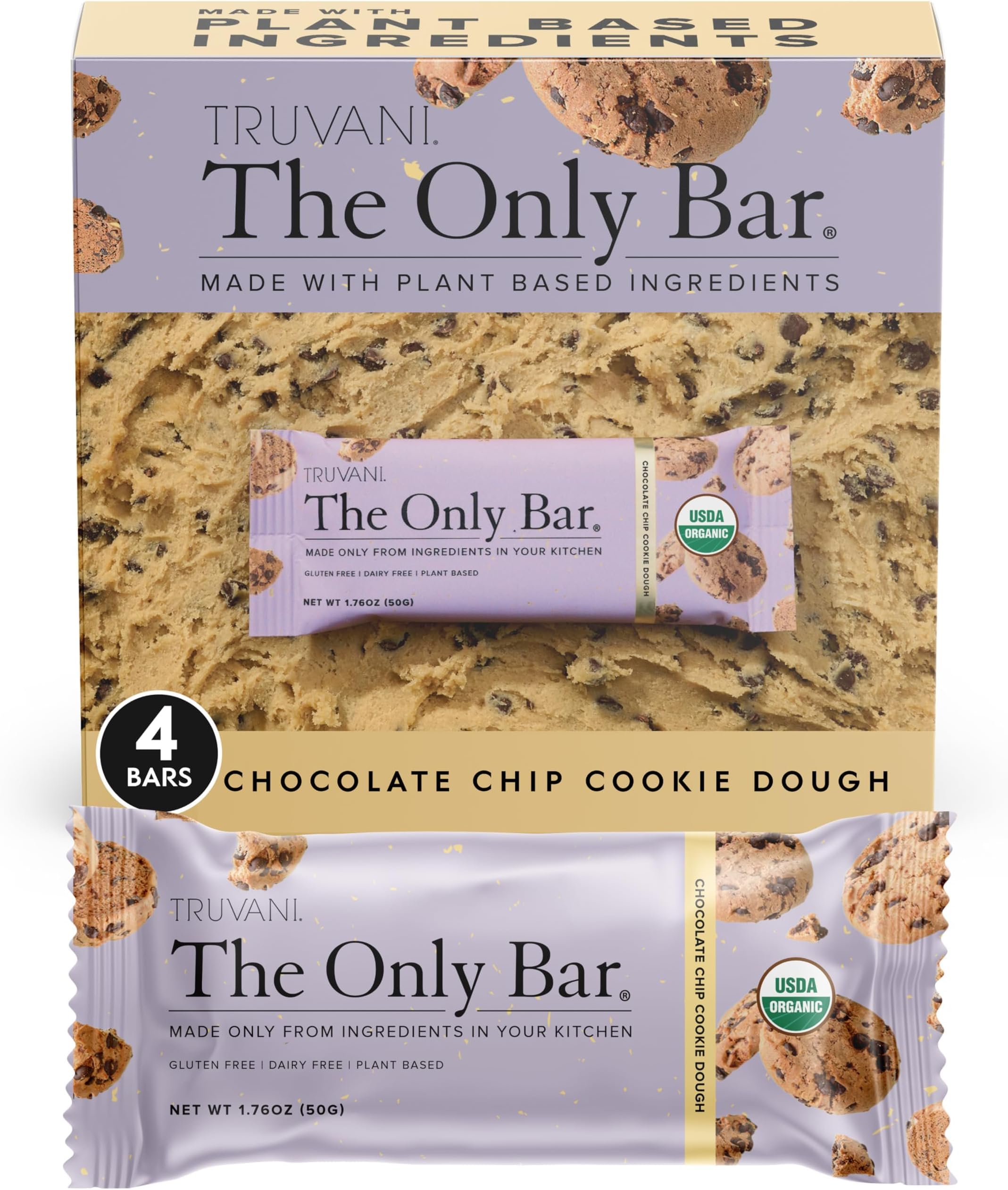 Truvani Plant Based Snack Bars | Chocolate Chip Cookie Dough 4 Pack | 5g Protein | USDA Organic and Vegan | The Only Bar | Dairy, Soy, and Gluten Free | Individually Wrapped