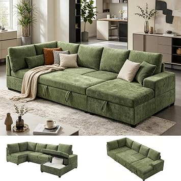 VANOMi 119 Inch Sectional Couch with Storage, U Shaped Modular Sectional Sofa with Pull Out Bed Sectional Sleeper Sofa for Living Room, Apartment, Office, 4 Seats with Chaise, Green
