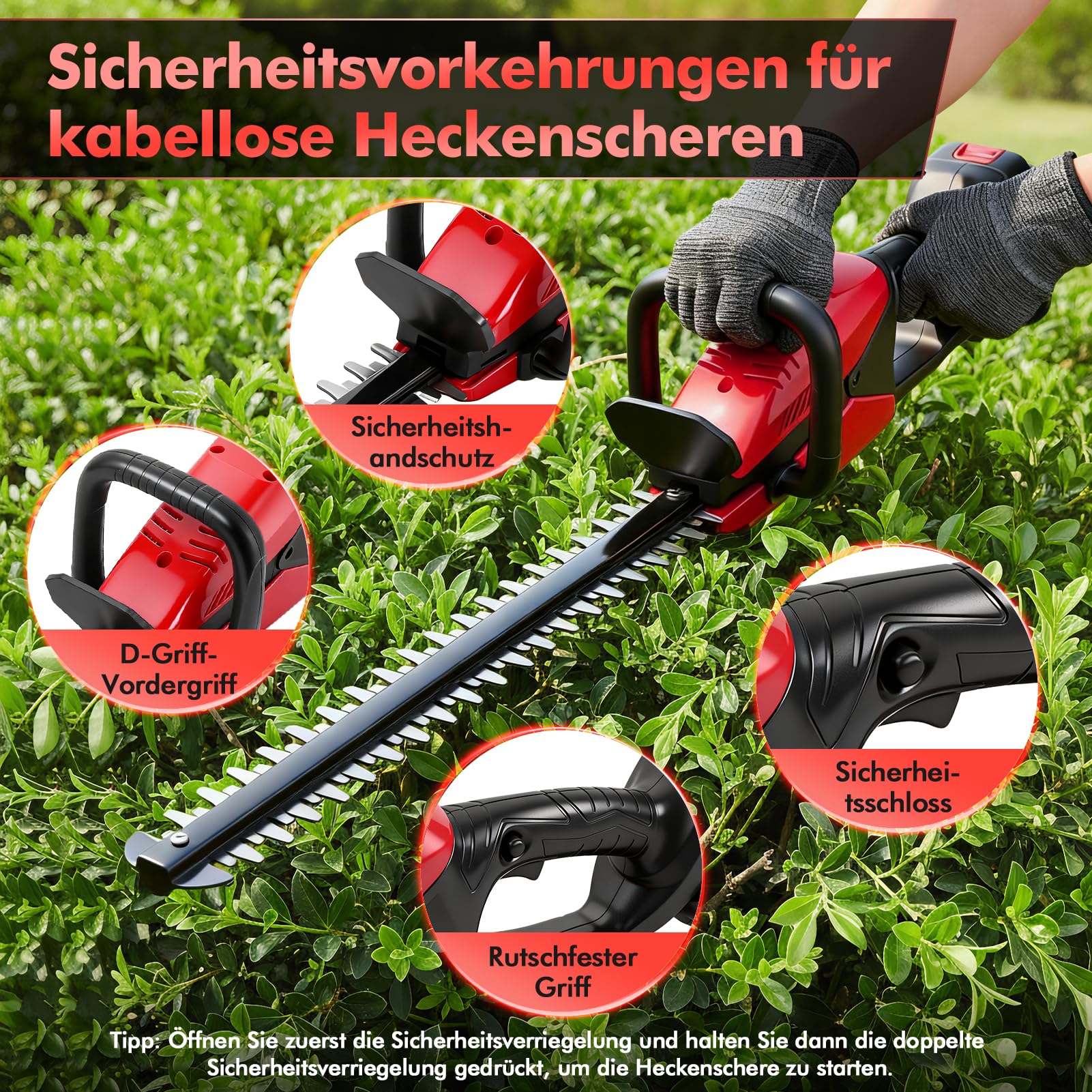 Akku Heckenschere Profi Hecken & Strauchschere, Leicht Akku Heckenschere Elektrisch mit akku und Ladegerät, 50cm Schnittlänge, Schnittstärke 15mm Dual Schnittklingen Verstellbarer Griff