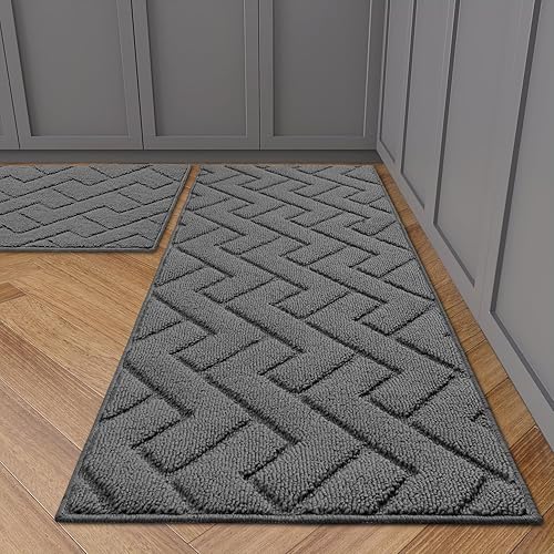 hicorfe Juego de alfombras y tapetes de cocina, 2 piezas de polipropileno súper absorbente, tapete antideslizante de polipropileno suave y cómodo,