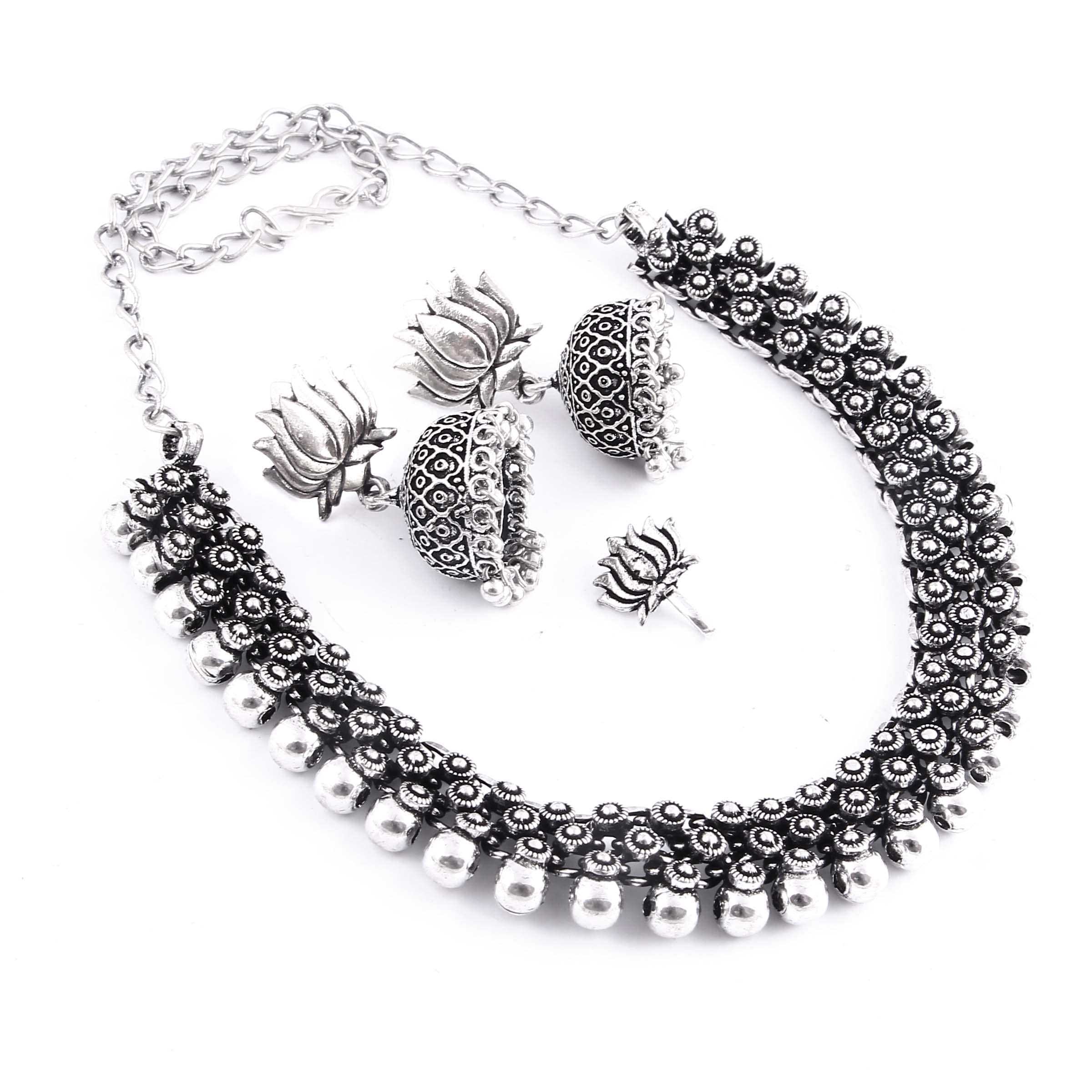 HANIYA Oxidized German Silver Necklace with Earrings & Nose Pin Jewellery Set for Women and Girls (B09XJ67BNW) Amazon Price History, Amazon Price Tracker