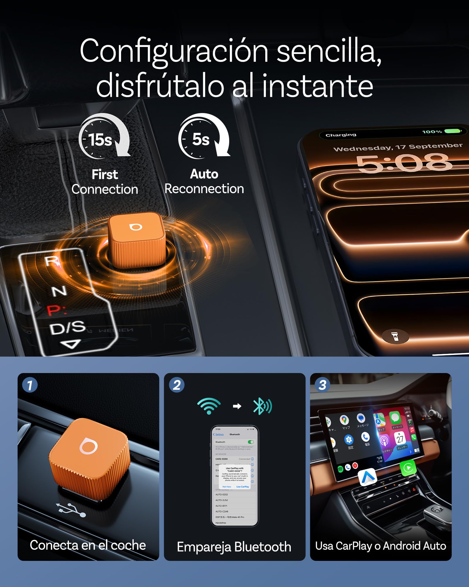 OTTOCAST Mini 3.0 Slim 2026 Upgrade Adaptador Wireless CarPlay, 2-en-1 para iPhone & Android Auto, Convierte CarPlay y Android Auto por Cable a inalámbrico, Naranja