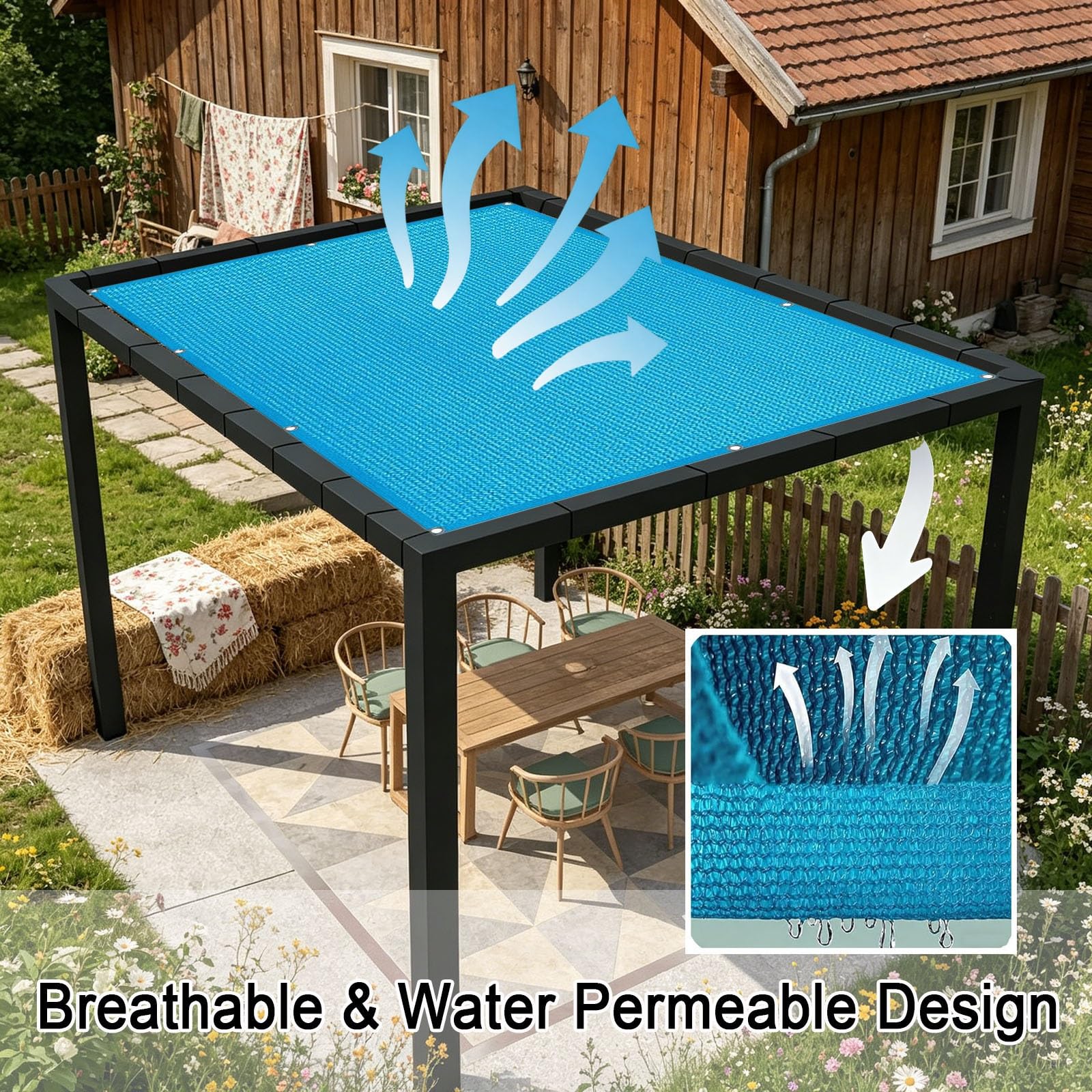 Prostokątny Żagiel Przeciwsłoneczny 220 x 490 cm HDPE Ochrona Przeciwsłoneczna I UV Oddychający Kształt Prostokąta Baldachim Markizy Do Ogrodu, Niebieskie niebo