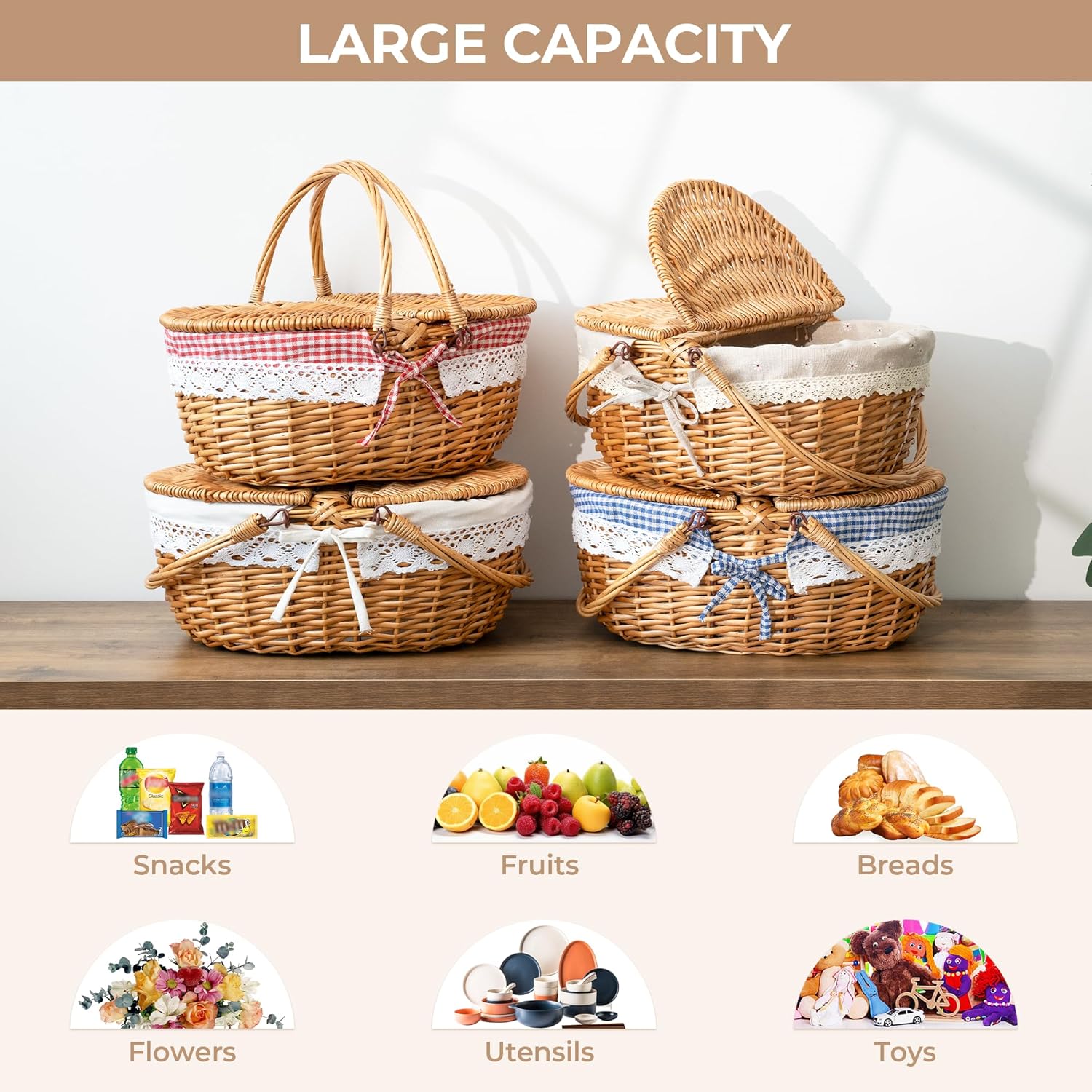 GRANNY SAYS Wicker Picnic Basket for 2 with Handles, Woven Cute Boo Basket with Washable Liner & Dual-Flip Lid, Vintage Large Picnic Baskets for Camping, Outdoor, Gift, Blue and White Checkered Liner - Image 8