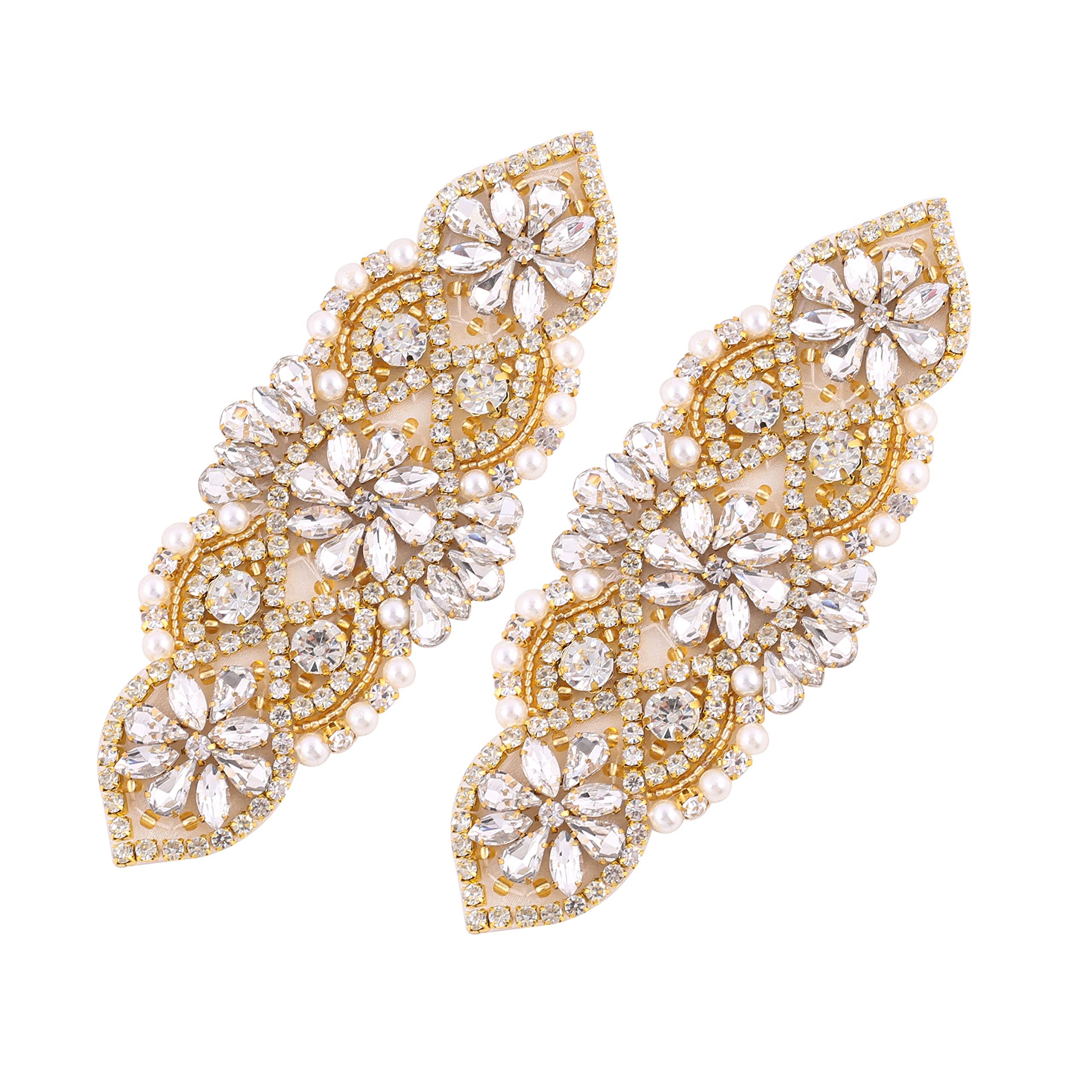 Rhinestone & Pearl Applique Patches - Gold, 2pcs, For Wedding Dresses & DIY Crafts