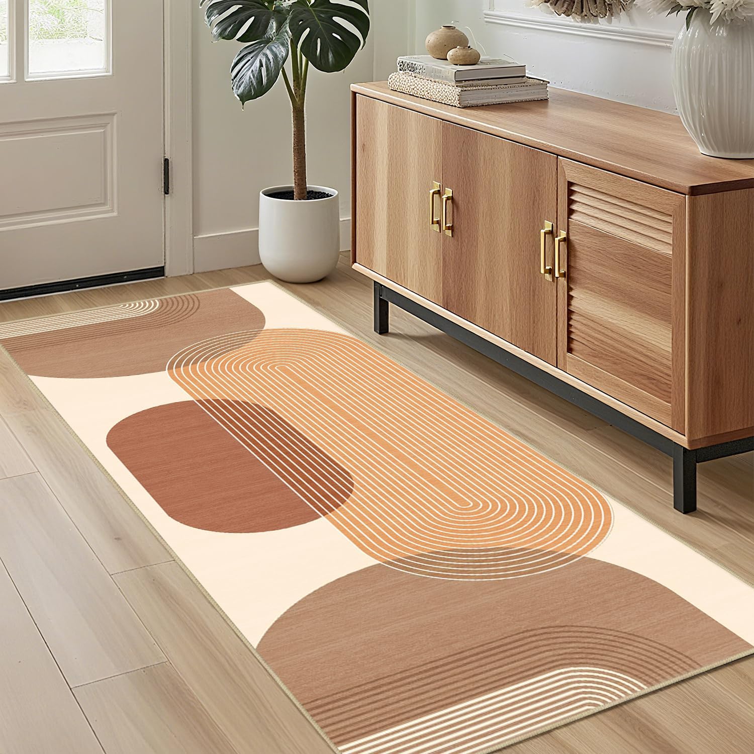 Boho Runner Rug 2x6 for Hallway Kitchen Bedroom,Bohemian Geometric Runner Rugs Washable Mid Century Modern Rug Non-Slip Printed Low Pile Long Floor Carpet Mat for Bedroom Laundry,Orange